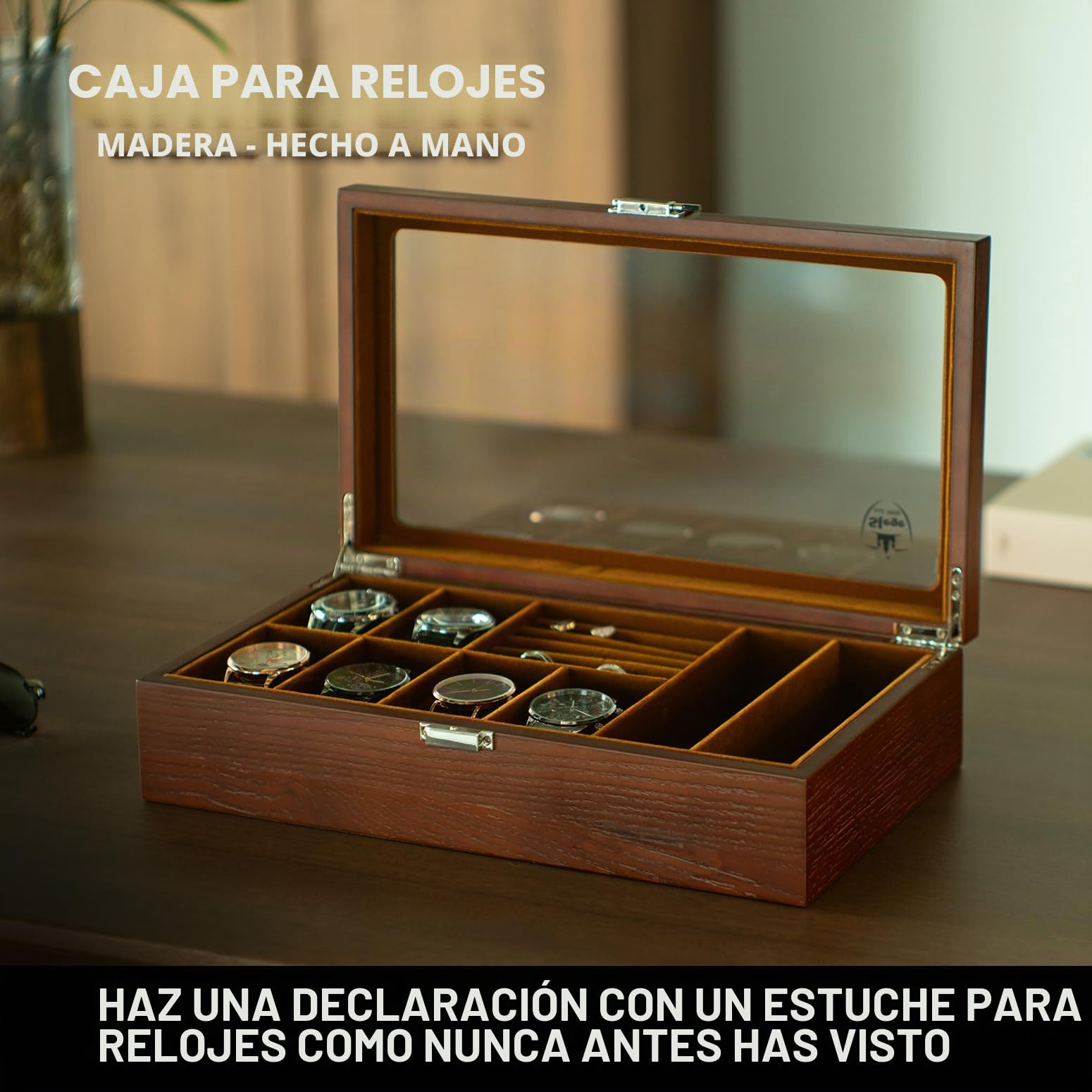 Slege Caja Relojes de Madera,con 6 Compartimentos,Joyero Organizador de Relojes,Caja de Reloj y Gafas de Sol,Expositor Gafas,Cubierta de Vidrio,para Anillo,Pendientes,Gemelos,Regalos Hombre y Mujer