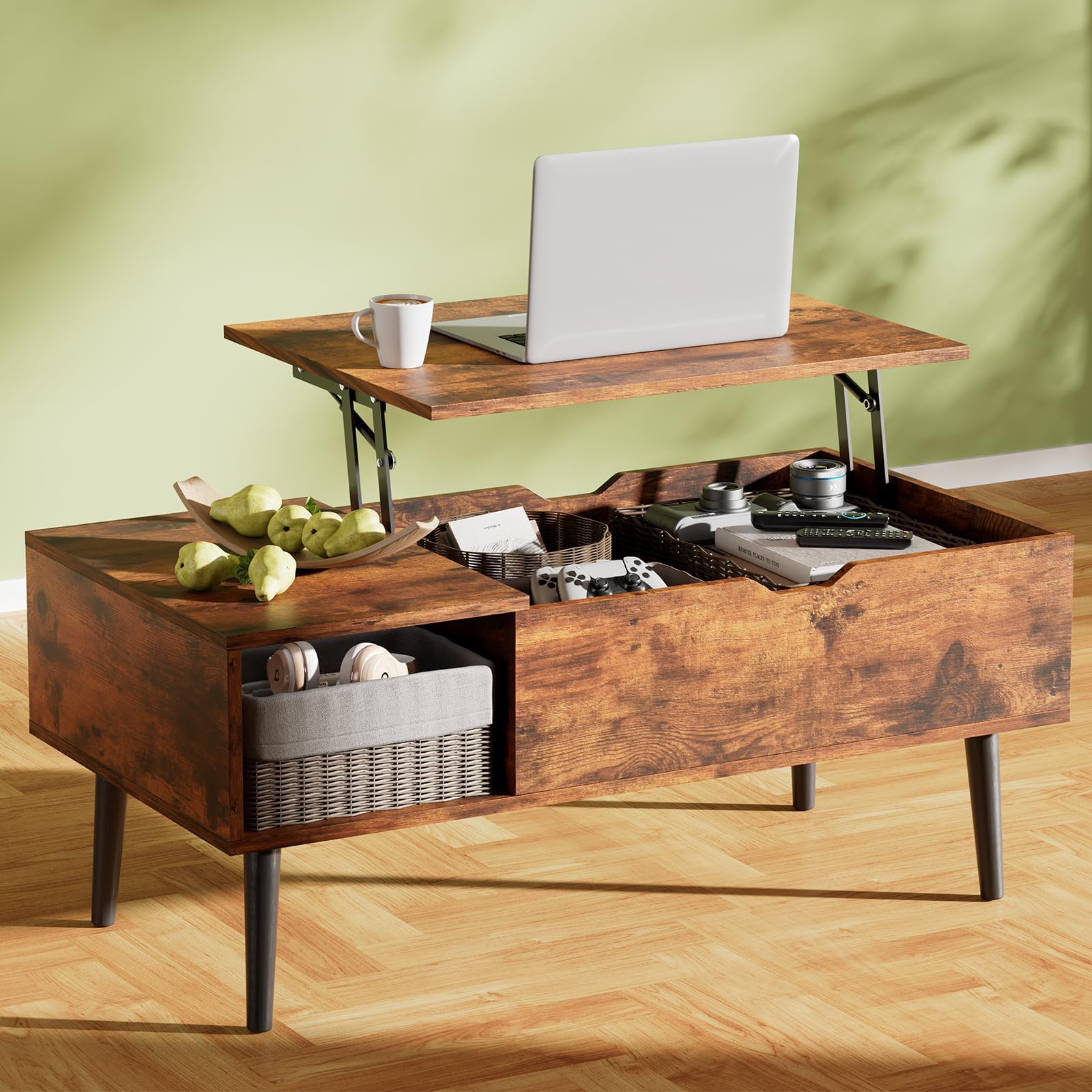 OLIXIS Wood Lift Top Coffee Table with Hidden Compartment and Large Storage Shelf, Lift Tabletop Dining Center Table for Home Living Room Office, Natural Wood
