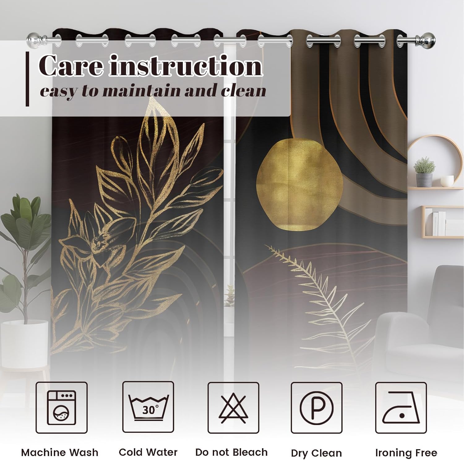 Mid Century Modern Black and Brown Blackout Curtains, Bohemian Gold Dark Brown and Black Window Drapes for Bedroom Living Room, 63 inch Length 2 Panels Set, 52x63 inch