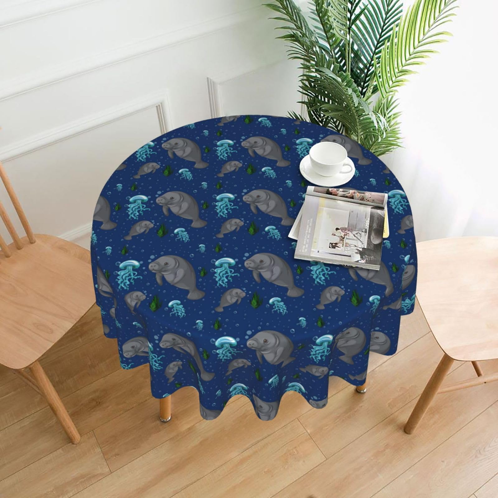 YYHHAOFA Manatee Prints Round Decorative Tablecloth 60in - High-Grade Polyester Throw for Dining Tables, Parties, & Outdoor Events
