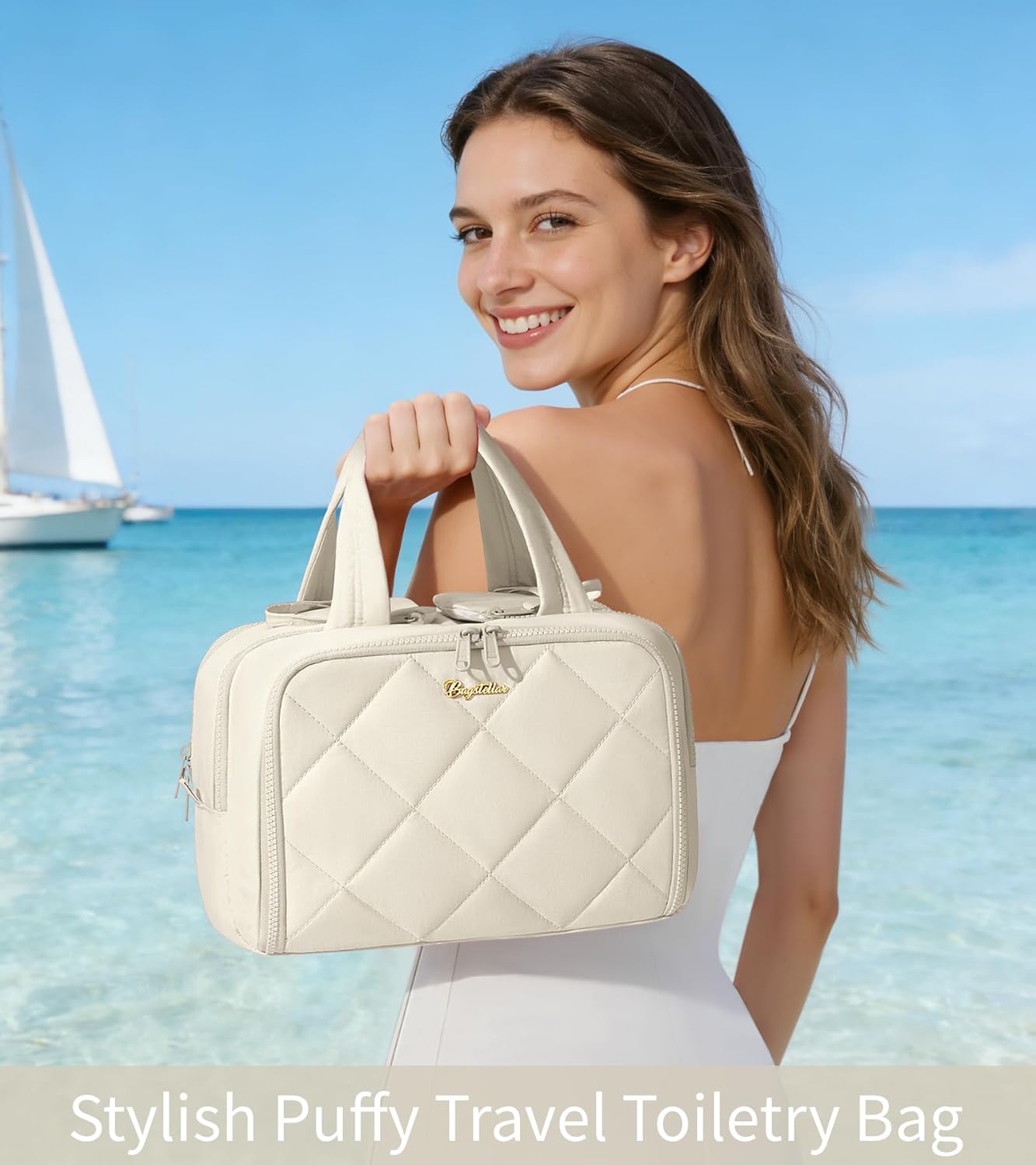 Travel Toiletry Bag, Large Wide-open Puffy Toiletry Bag for Women, Lightweight Quilted Makeup Bag Cosmetic Organizer with Handle Water-resistant Travel Essentials for Toiletries Accessories Beige - Image 9