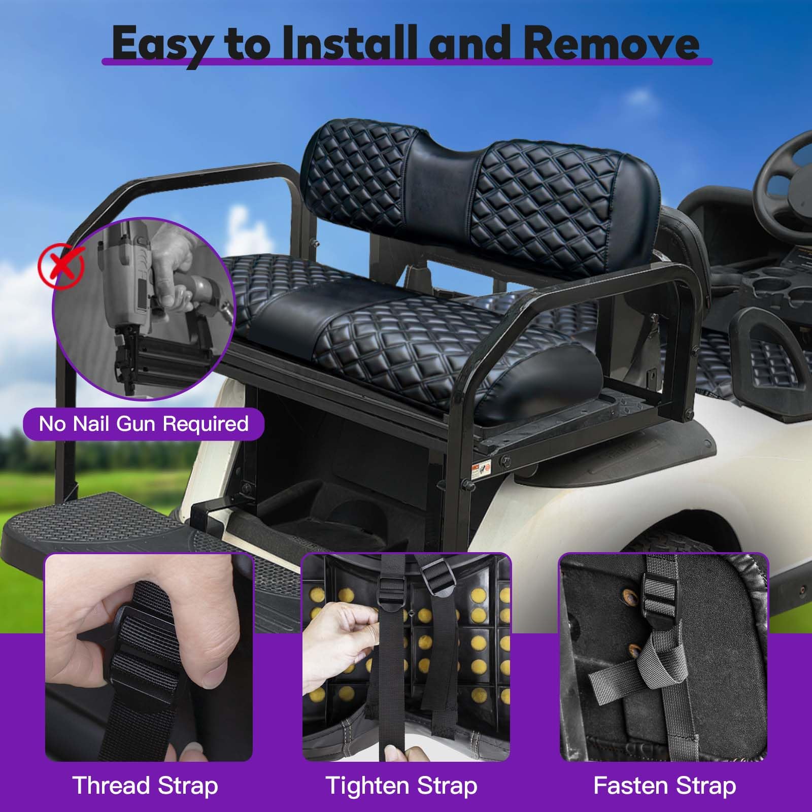Transverse Diamond Golfwagen-Sitzbezüge-Set, passend für EZGO TXT 1994–2013/EZGO RXV, Vorder- und Rücksitzbezüge, Vinyl-Sitzbezüge, Zubehör, keine Klammern (schwarze und schwarze Nähte), 4