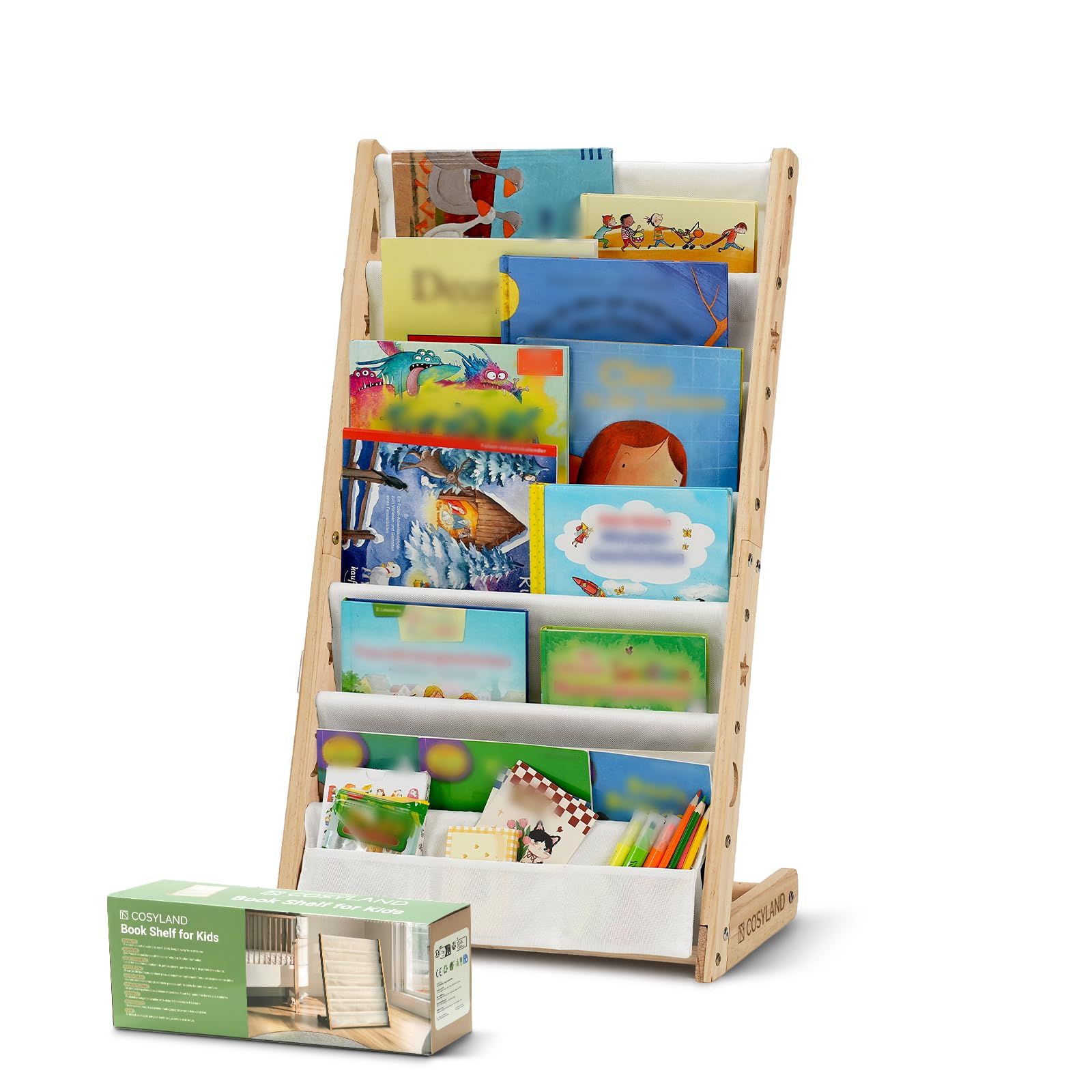 COSYLAND Kinderbücherregal Montessori – Bücherregal Kinder mit 6 Stofffächern, frontal offenes Bücher-Display aus Kiefernholz, Kinderregal für Kinderzimmer & Leseecke, Naturholz, 42 x 30 x 76 cm