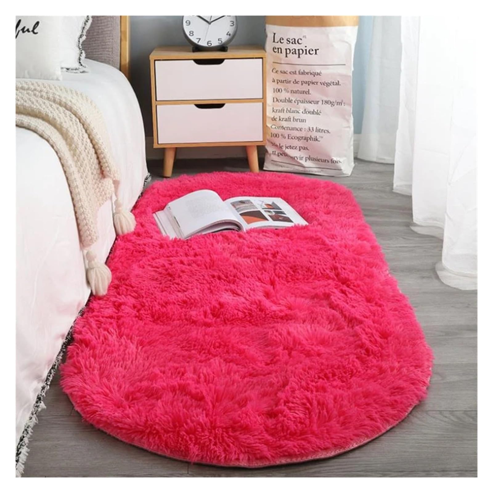 Tapis ovale en peluche ultra doux rose fuchsia 140x200cm pour deco canape