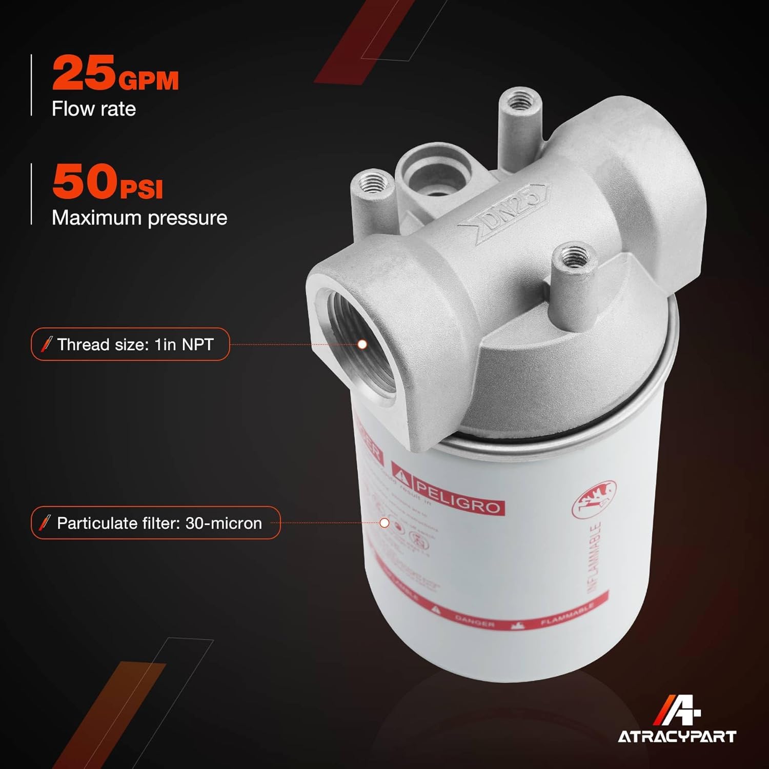 1 Inch NPT Fuel Tank Filter Kit, High Flow 25 GPM 30 Micron Spin-on Particulate Filter Compatible With Diesel Transfer Pump