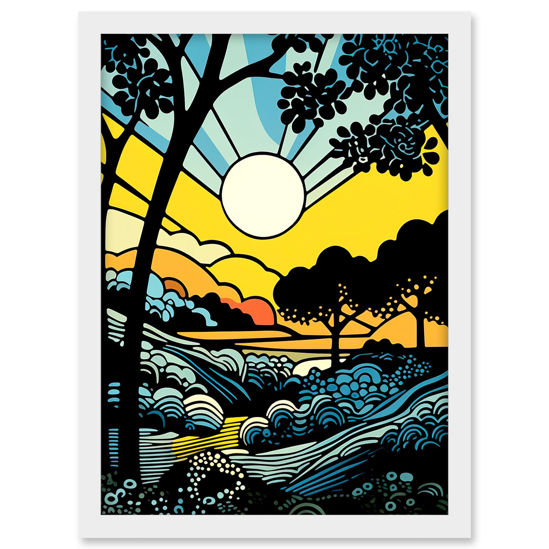 Artery8 Forest Sunrise Landscape Sun Rays Patterns Blue Orange Pop Art Comic Book Halftone Artwork Framed A3 Wall Art Print