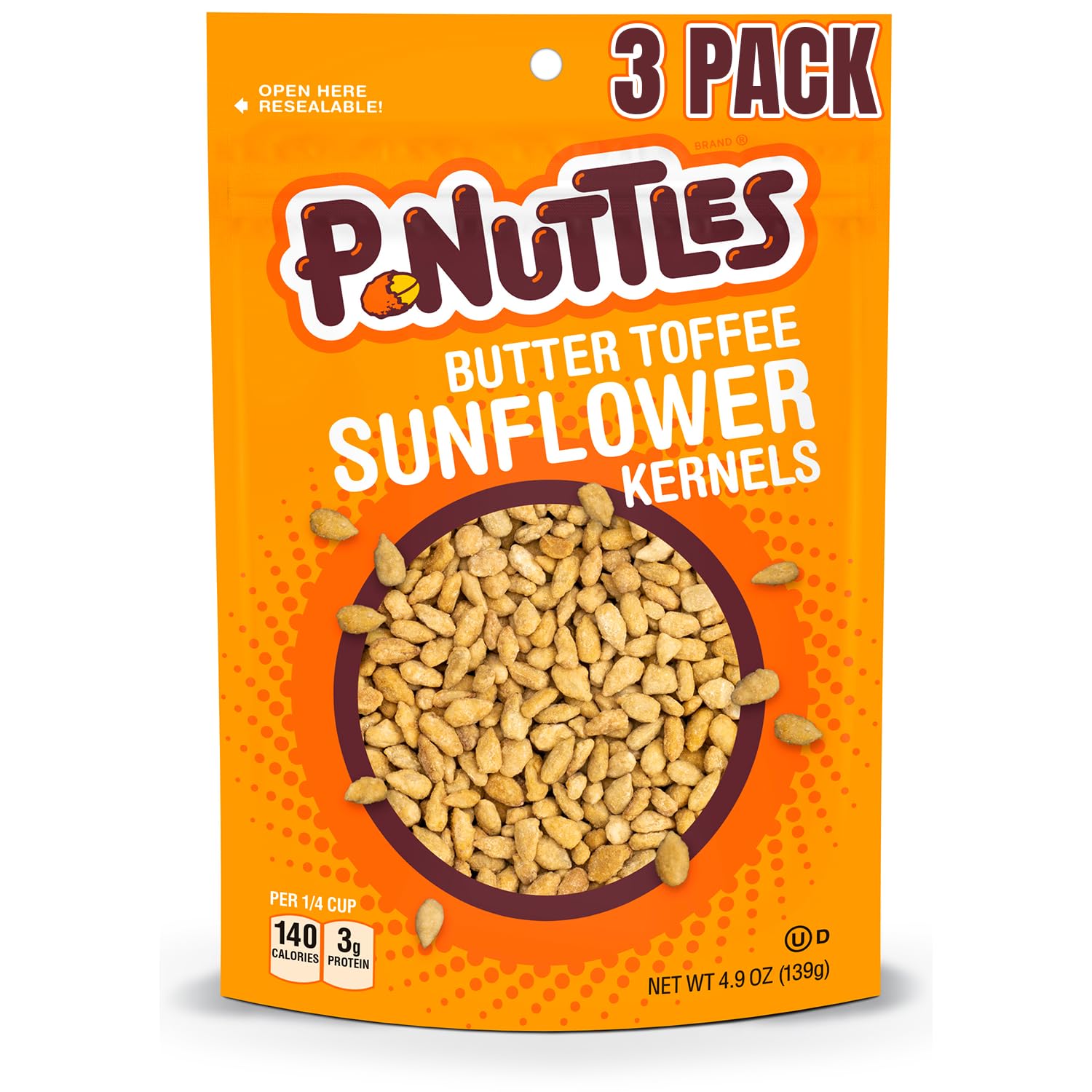 P-Nuttles Butter Toffee Sunflower Kernels - 4.9 Oz Resealable Bags (Pack of 3) - Sweet & Salty Sunflower Seeds without Shell - Trail Mix Snack For On-the-Go Snacking, Parties, Gatherings & Road Trips