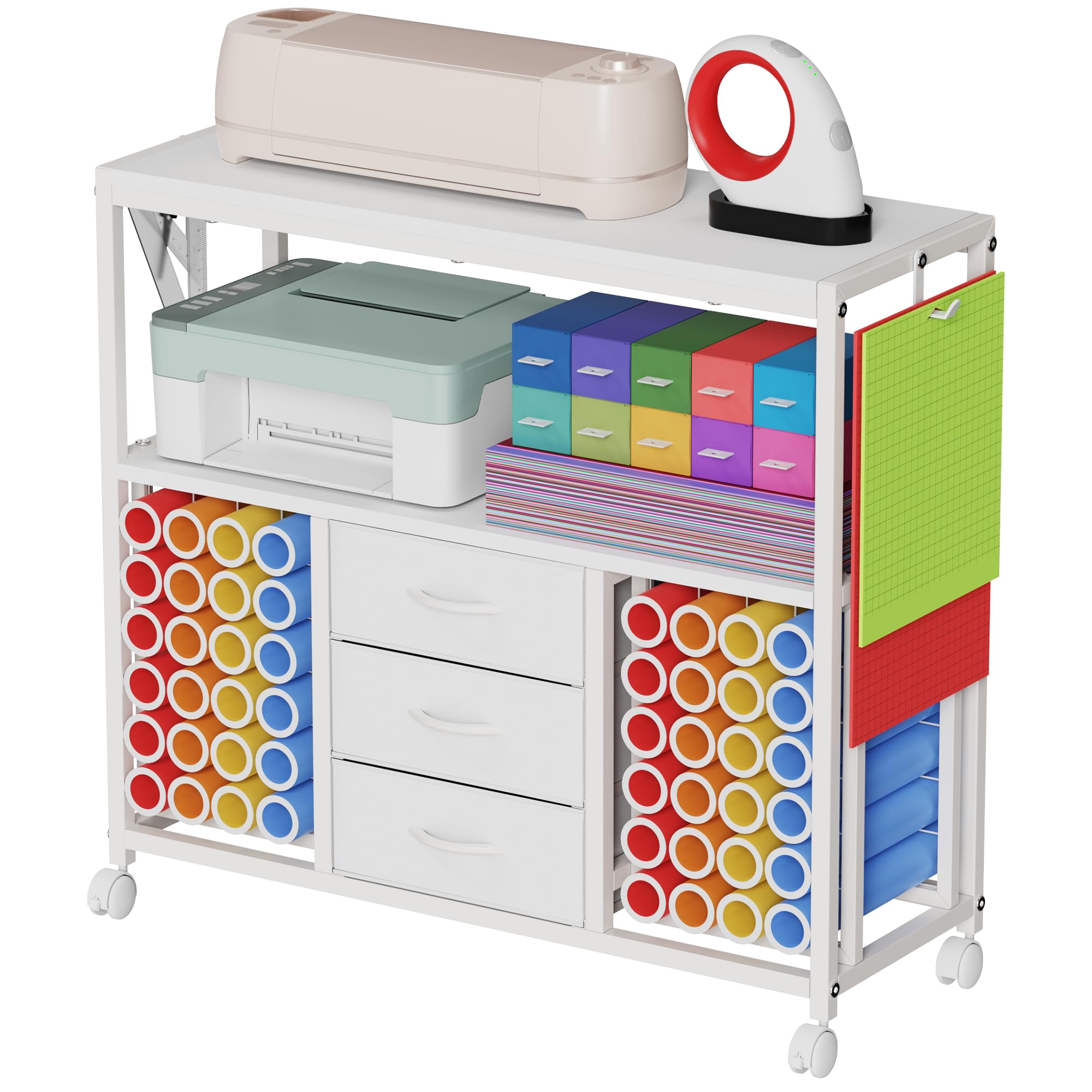 48 Vinyl Roll Holders for Cricut Cart, 32"W Large Craft Cart with 3 Fabric Drawer, Craft Organization and Storage Compatible with Cricut Maker Machine, Crafting Table Workstation, White,Patent Pending