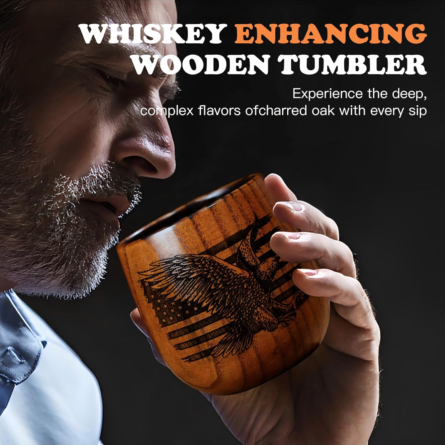 Original Charred Wooden Bourbon Drinking Glass, 11oz Handcrafted Engraved Wood Glass for Men | Unique Unbreakable Whiskey Glass for Dad, Brother, Husband