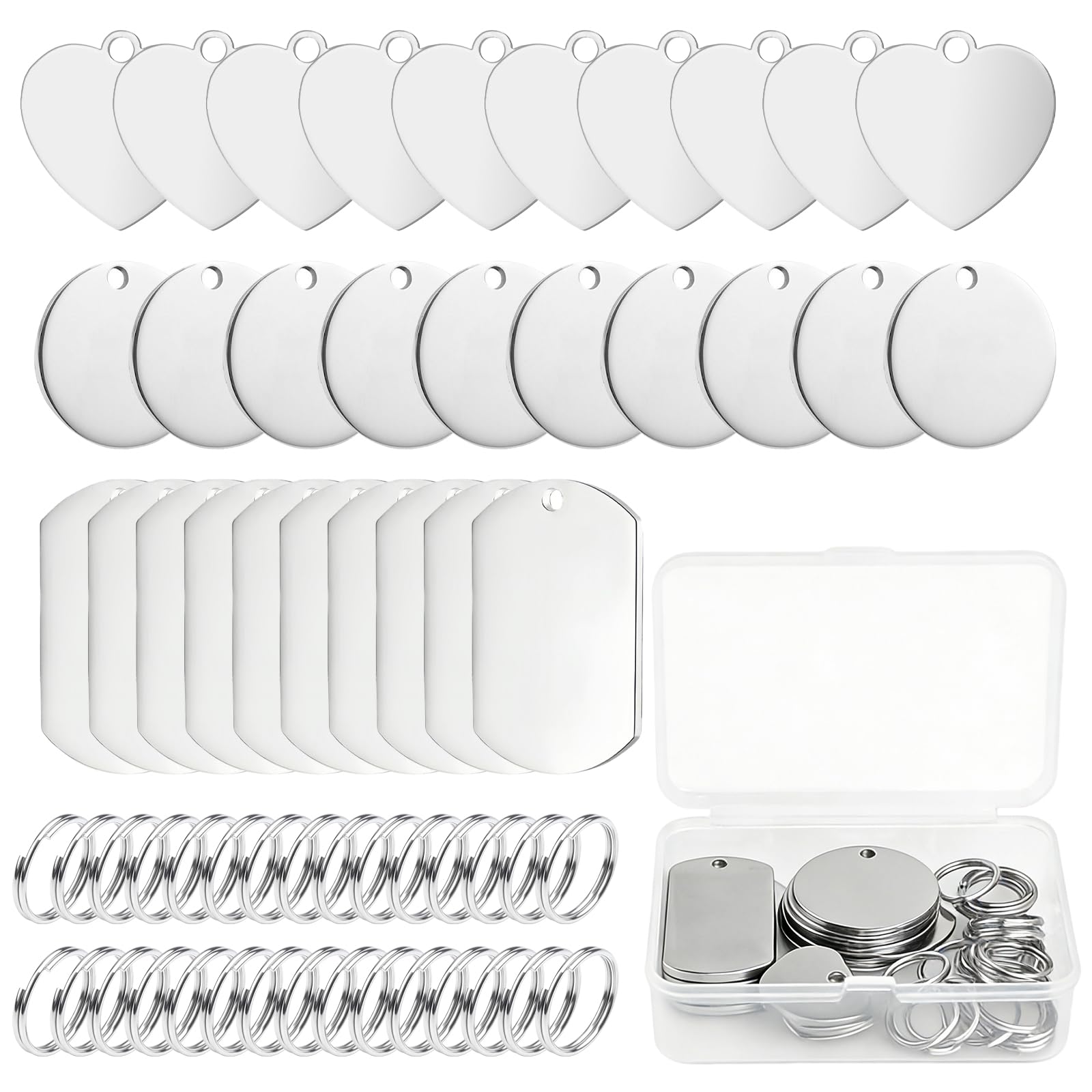 30Pcs Stainless Steel Blank Tags Set, Keyring Blanks in Round, Rectangle & Heart Shapes, Blank Keyrings with Split Rings, Personalised Dog Tag Blanks for Metal Stamping & DIY Crafts