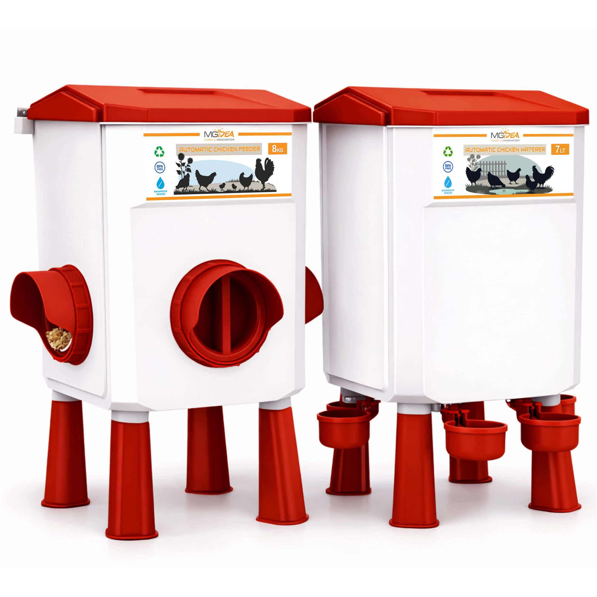 KIT MANGIATOIA ABBEVERATOIO GALLINE DISPENSER AUTOMATICO SISTEMA DISTRIBUTORE ACQUA MANGIME POLLAIO REGOLABILE GIARDINO PULCINI (8 Kg + 7 Lt)