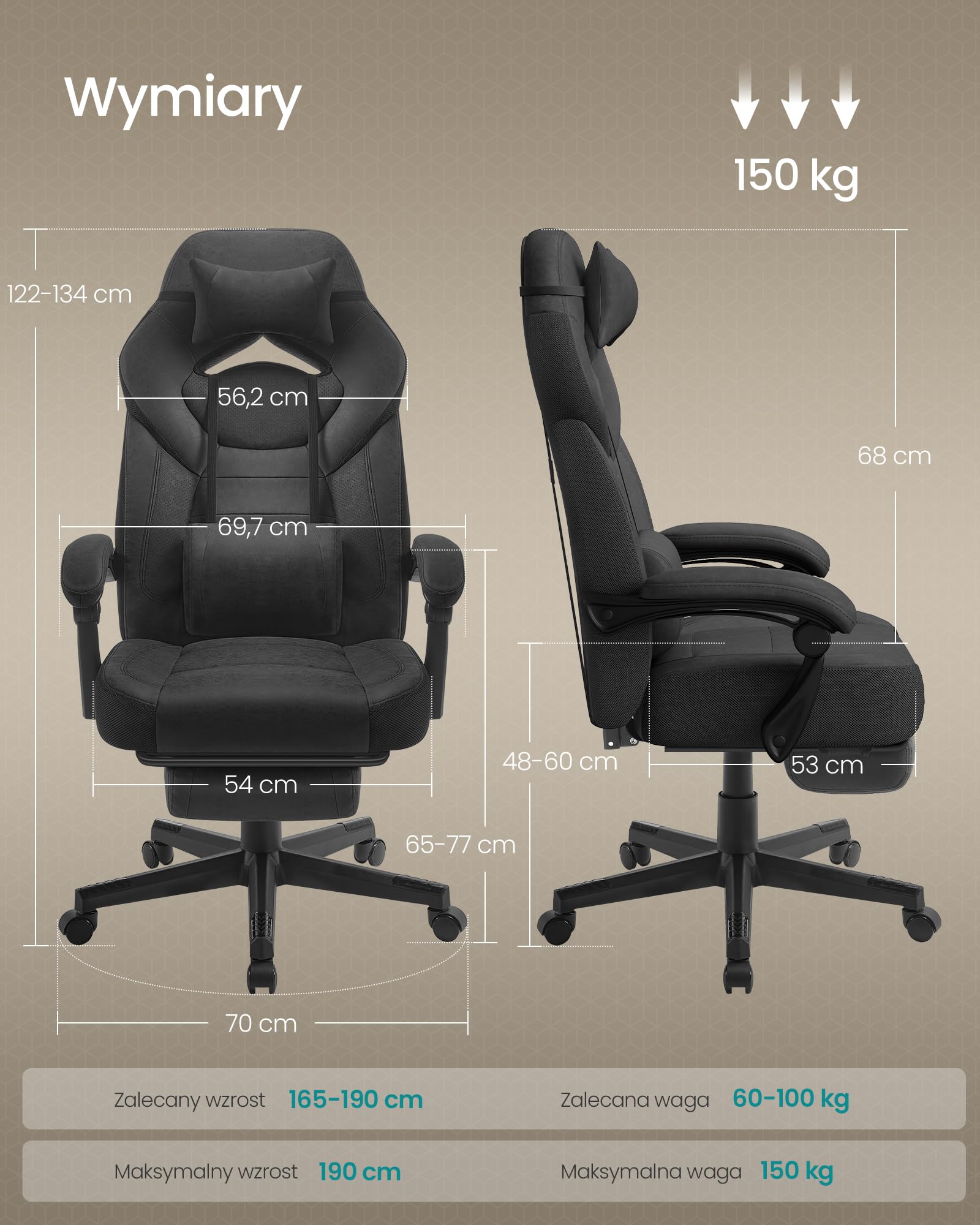 SONGMICS Fotel gamingowy, krzesło biurowe, krzesło komputerowe, ergonomiczny design, z podnóżkiem, regulowanym zagłówkiem, podparciem lędźwiowym, udźwig 150 kg, kolor czarny atramentowy OBG077BH21