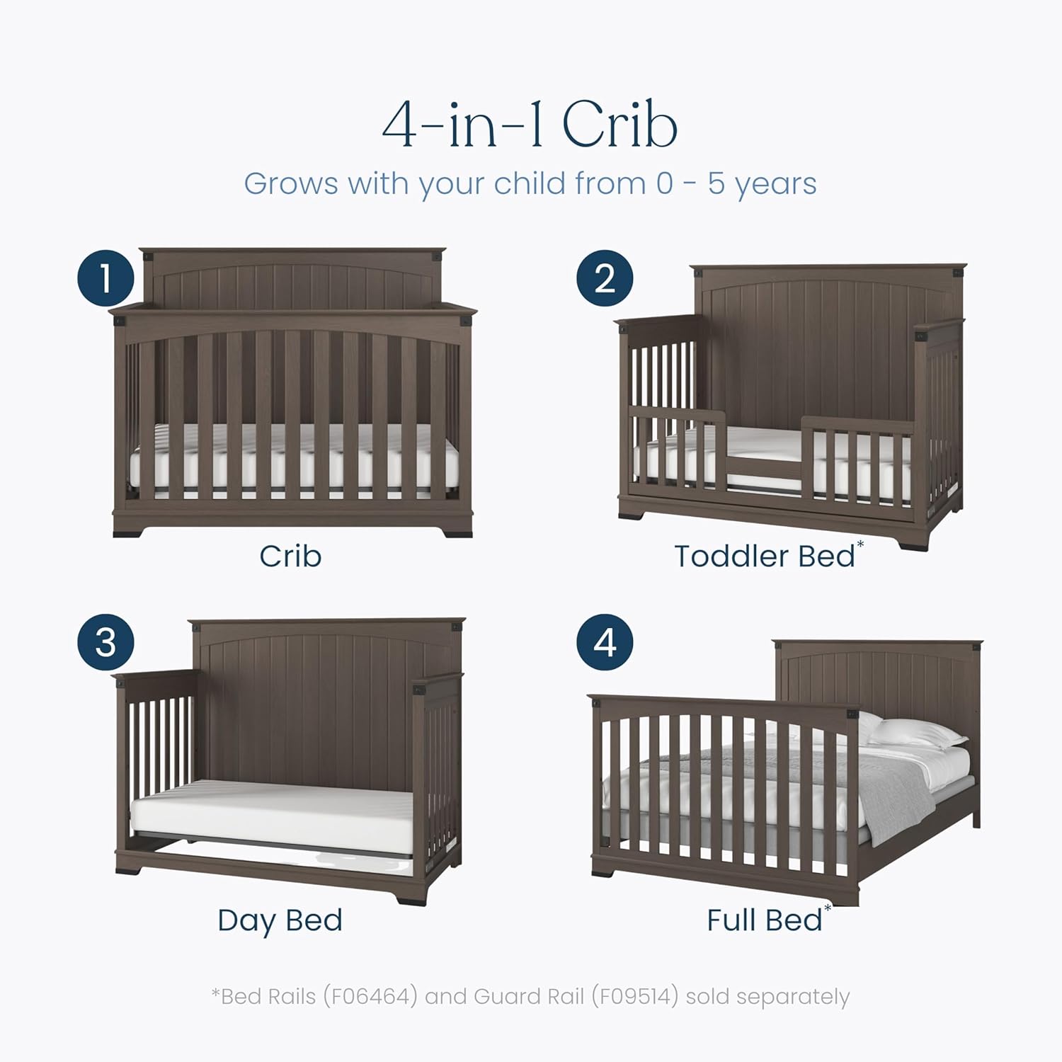 Child Craft Redmond 4-in-1 Convertible Baby Crib, Wood Nursery Furniture Converts to Toddler Bed, Daybed & Full Bed, Adjustable Mattress Heights, Rustic Style, Non-Toxic Baby Safe Finish, Dapper Gray | 4-in-1 Crib, Baby Safe Finish, Non-Toxic, Adjustable