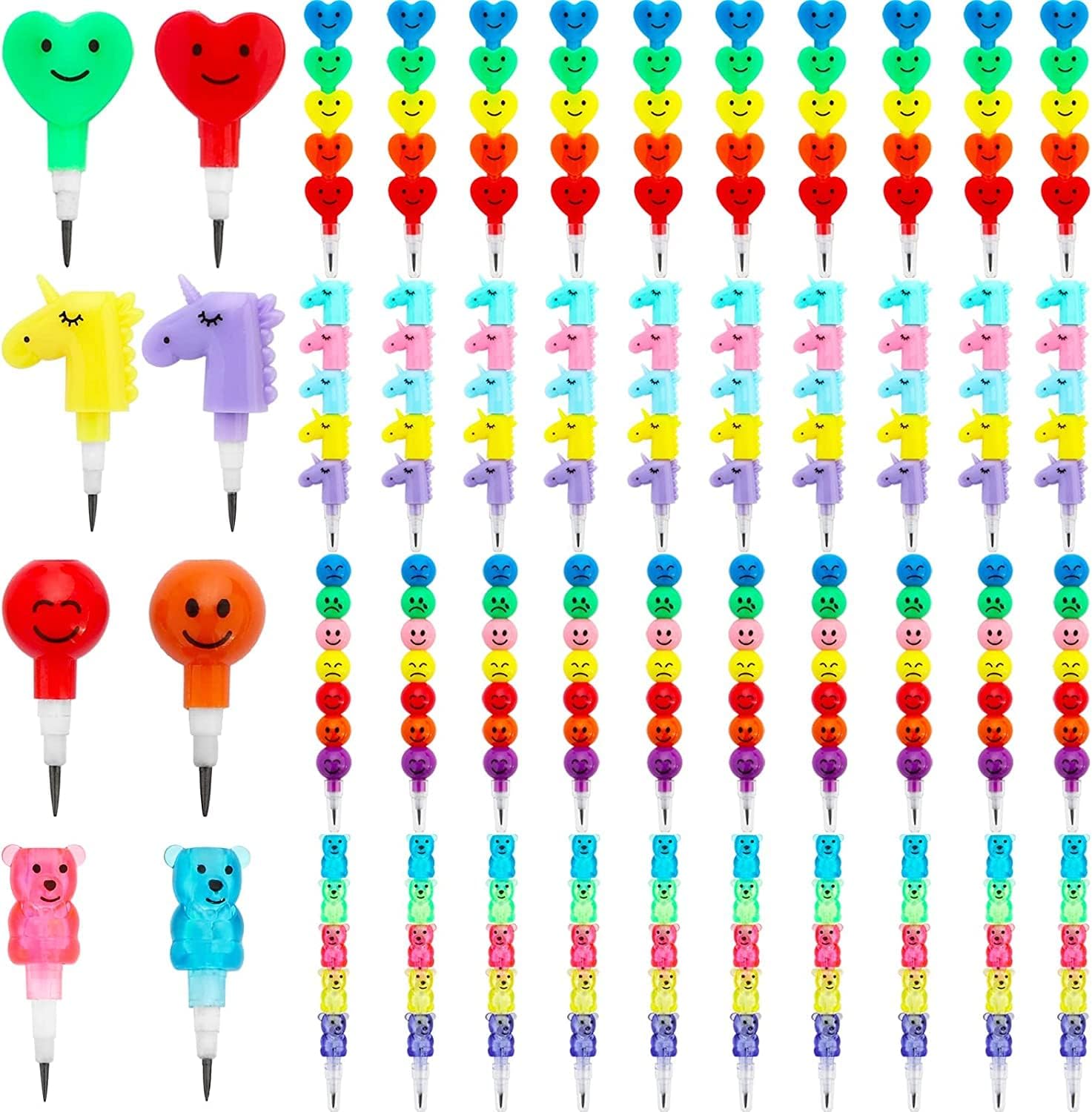 Stackable Plastic Pencils, 20 Pcs Cute Heart Pencils Kids Bear Shaped Pencil Unicorn Point Fun Pencils Non-Sharpening Pencils School Stationery Supplies for Kids