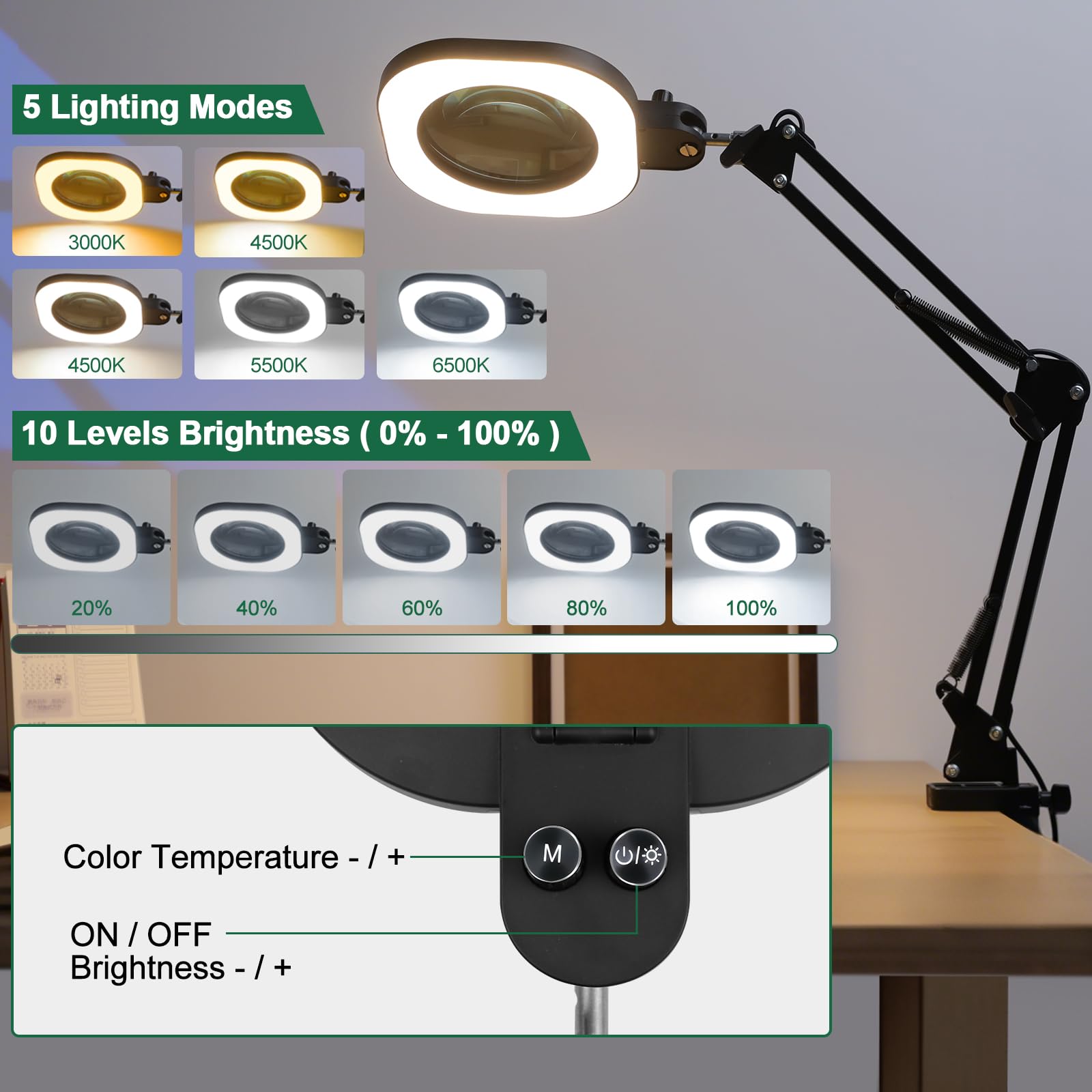 CGBE 10X Lupa con Luz, 2 en 1 Base/Pinza, Manos Libres, para Trabajos Finos | Lámpara Lupa con Brazo Giratorio Ajustable, 80 Perlas LED, Cubierta Antipolvo, para Lectura Reparación Manualidades