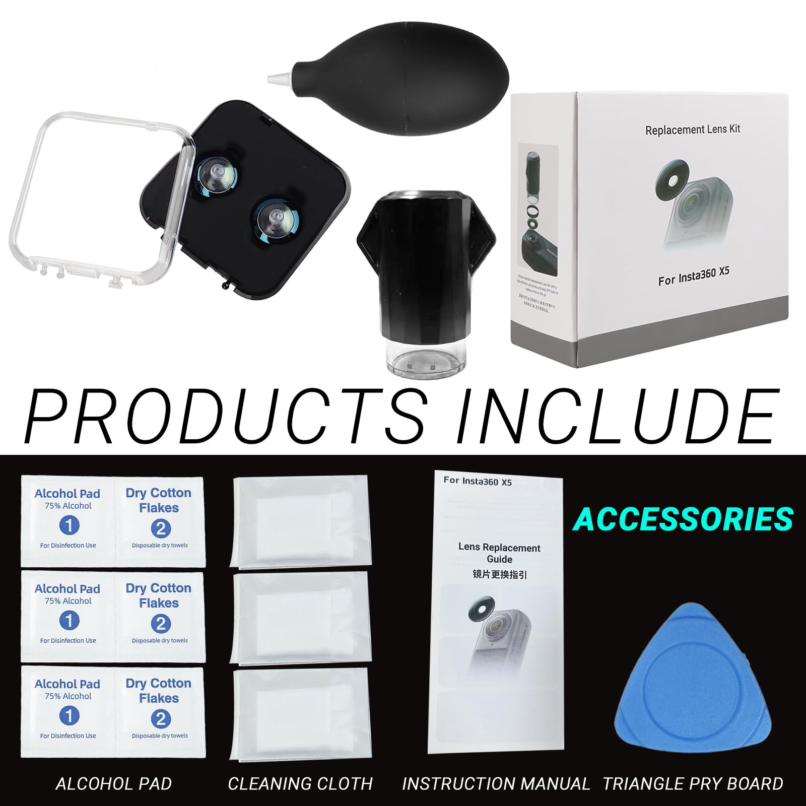 Insta 360 X5 - Kit completo de lentes de repuesto, con 2 lentes reemplazables para Insta360 X5, además de herramientas para reemplazar y limpiar la lente