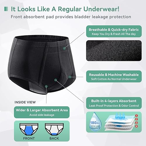Miniatura 2 de Ropa interior para incontinencia para hombre, paquete de 3 calzones urinarios lavables con zona frontal de absorción, breves de incontinencia