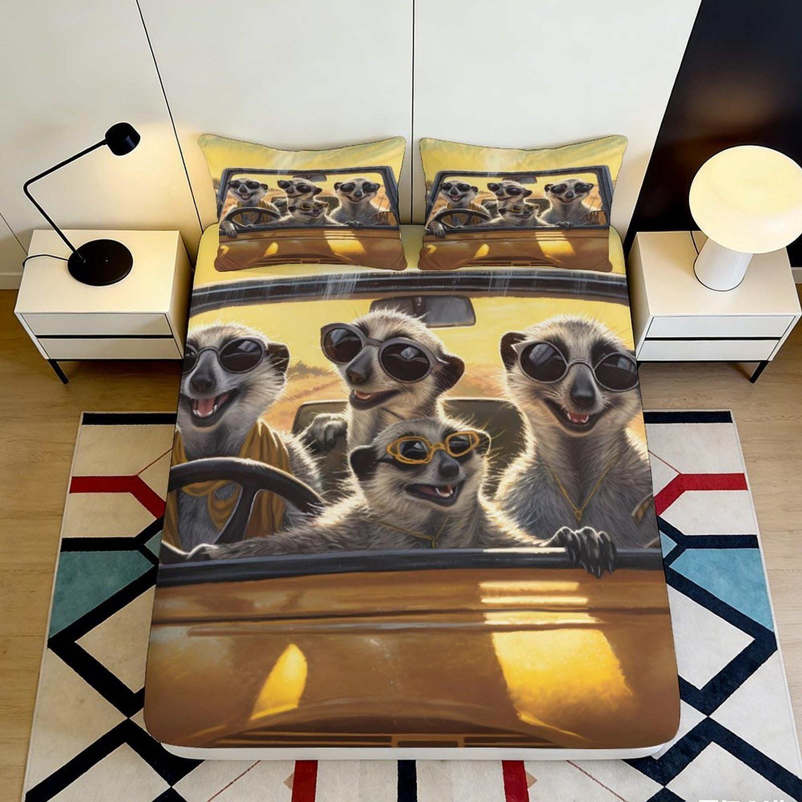 3D Printed Meerkat Cartoon Fitted Sheet Microfiber Soft Yellow Car Bed Cover for Bedroom Dorm Mattress Protection Gift 90x200x25cm