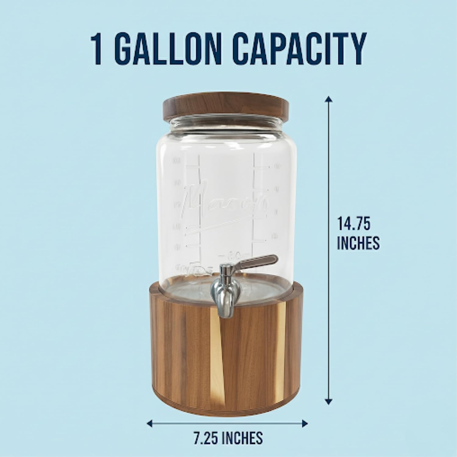 1 Gallon Glass Water & Lemonade Dispenser with Wooden Lid & Stand – Mason Jar Beverage Dispenser with Stainless Steel Spigot, Measurement Marks – Drink Server for Parties, Events, Home Use - Image 4