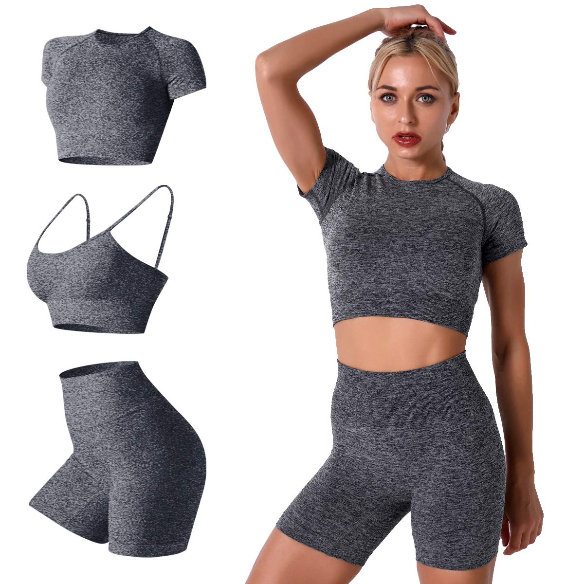Women's Yoga Outfit Seamless Workout Set High Waist Exercise Shorts Pants with Sport Bra 3PCS Tracksuit Gym Tracksuits