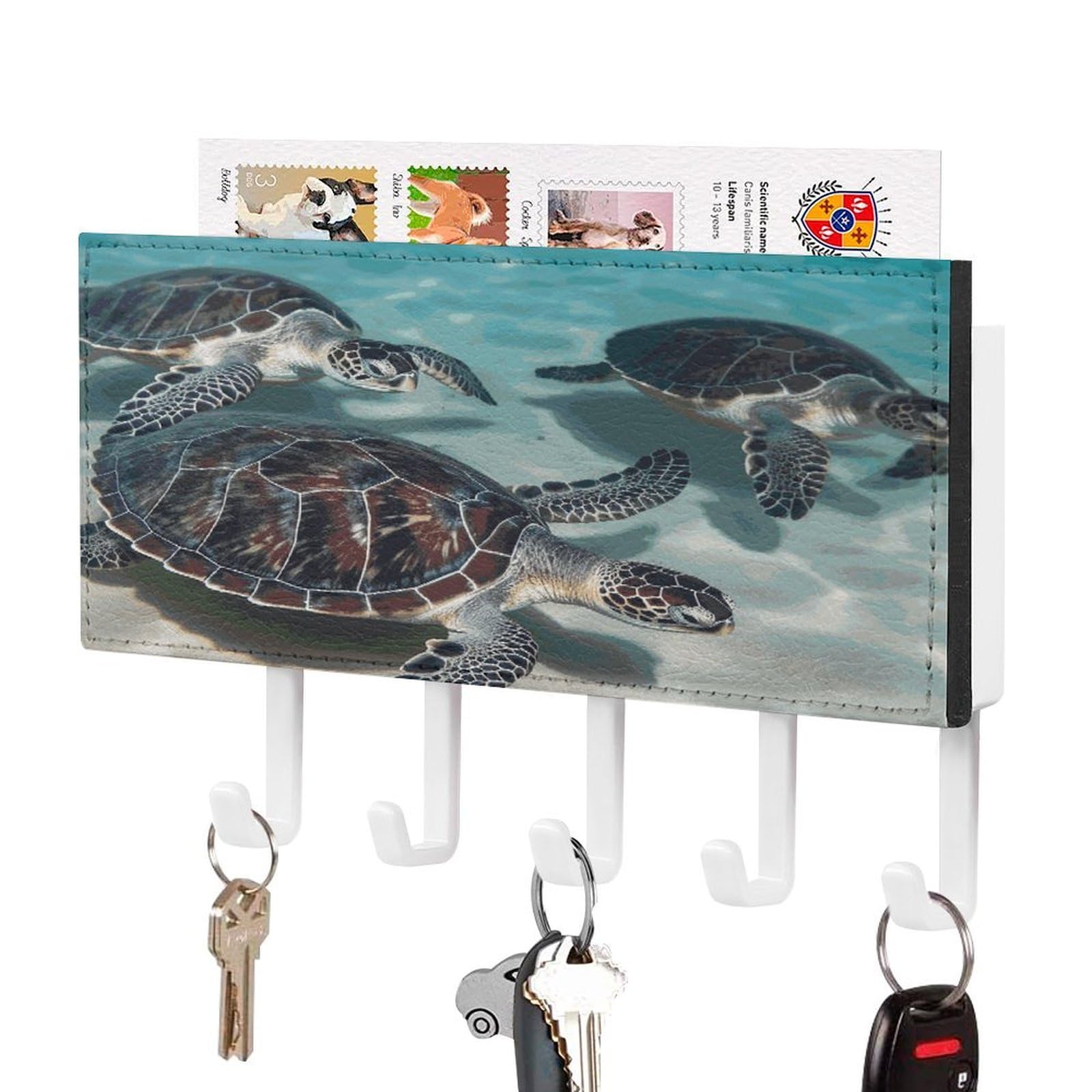 Fekiloot White-Style Sea Turtles Key Holder Wall Mount Key And Mail Holder Key Hanger With 5 Hooks Decorative Pu Key Rack Hanging Key Hooks For Wall Living Room Kitchen Bathroom Hallway