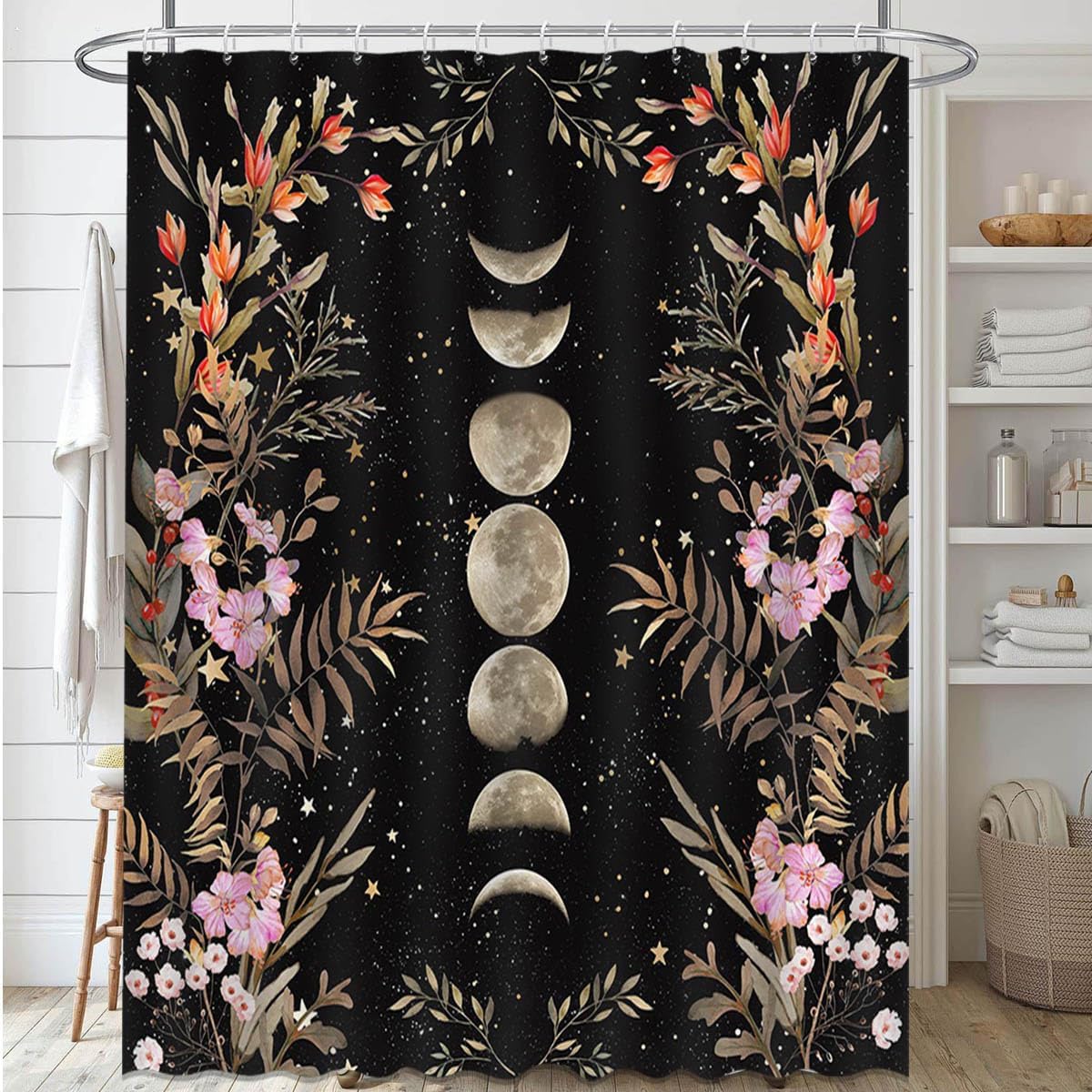 Gothic Halloween Shower Curtain – Floral Witch Leg Skeleton Print, Waterproof, 71x71 Inches