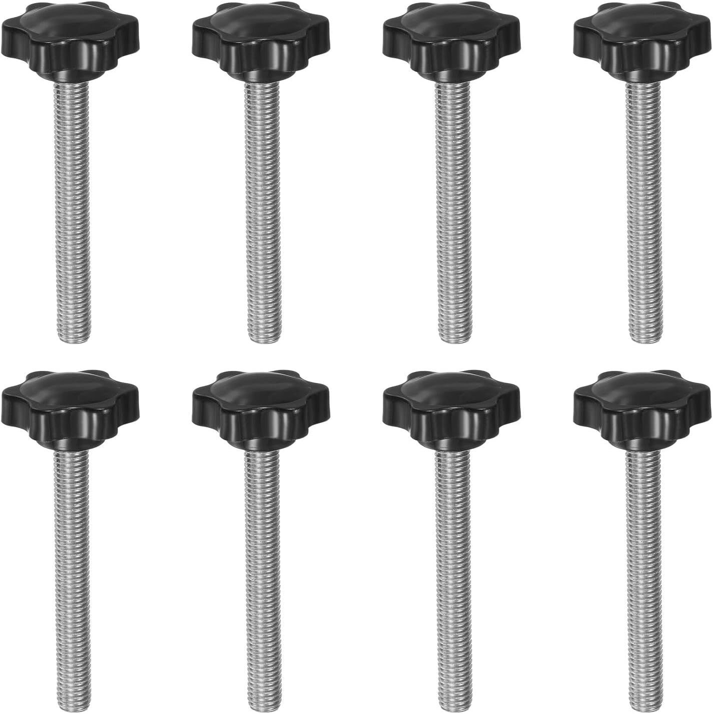HARFINGTON 8pcs Star Knobs M10 x 100mm 304 Stainless Steel Threaded Stud 38mm Plastic 6-Star Head Hand Tightening Thumb Screw Clamping Jig Knob Handle, Black
