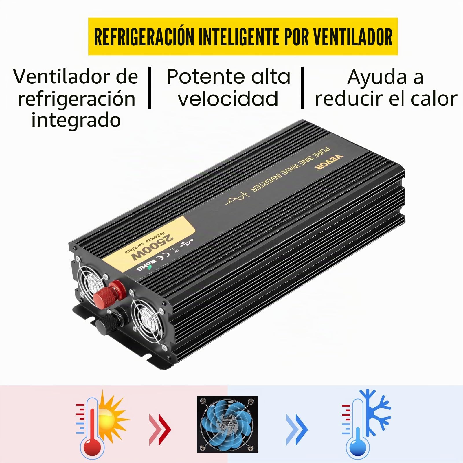VEVOR - Convertidor sinusoidal Puro CC 12V a CA 230V, convertidor sinusoidal Puro 2500W, inversor de Onda sinusoidal con Pantalla LCD, Voltaje Puro, Protecciones de Seguridad con Mando a Distancia y
