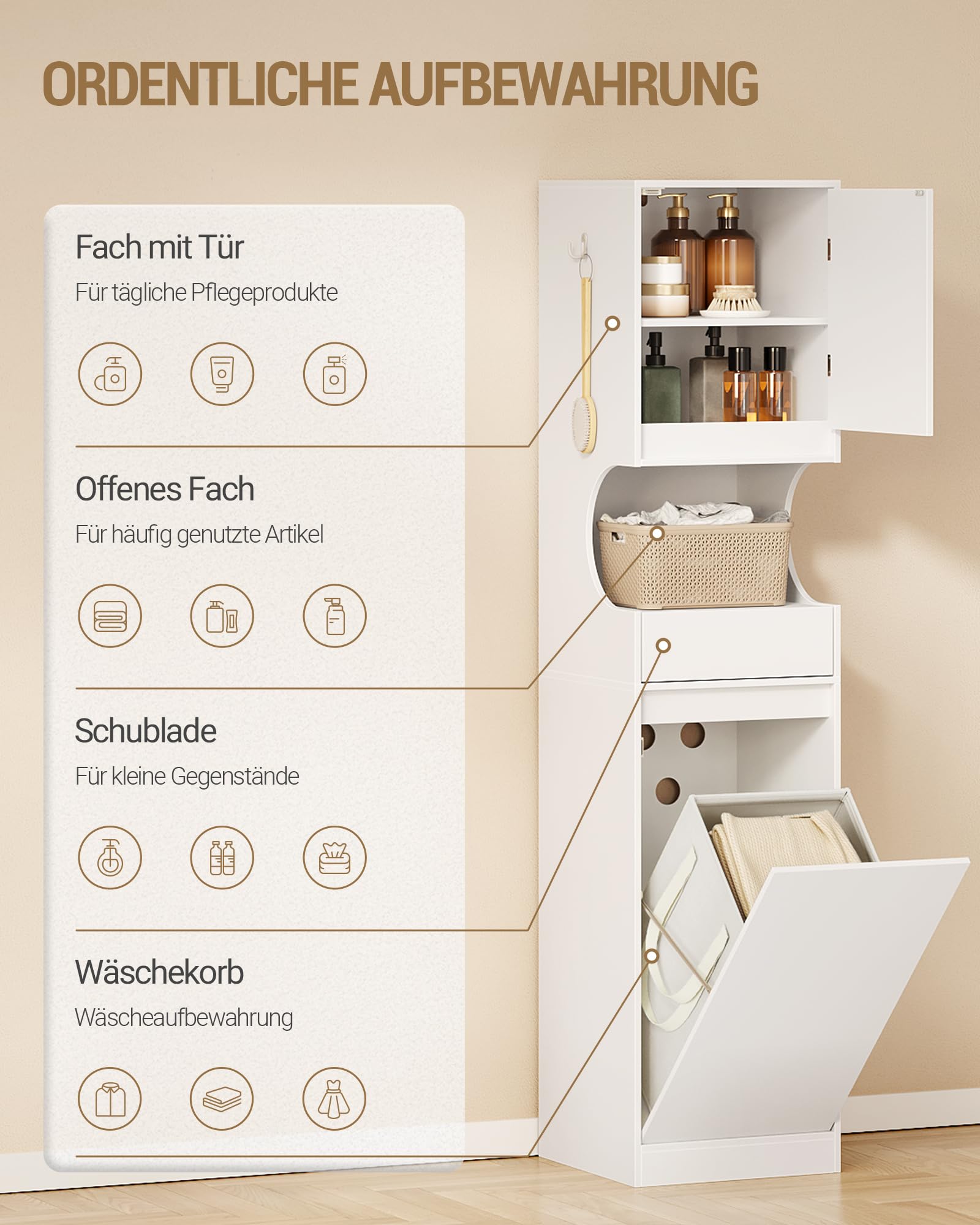 Hzuaneri Badezimmerschrank mit Wäschekorb, Wäscheschrank mit Schublade und offenem Stauraum, Badschrank mit Wäschesammler für Bad, Waschküche, 40 x 40 x 174 cm, Weiß BC43013X