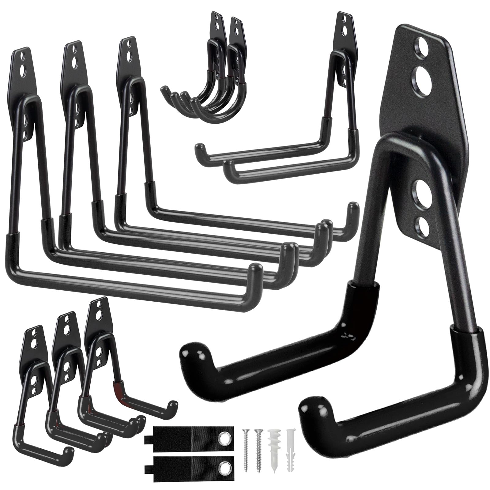 Lot de 12 crochets de garage robustes pour rangement mural - Vélos, organisateurs d'outils, abris de jardin et transporteurs, crochets muraux en acier pour outils de jardin et échelles (Noir)