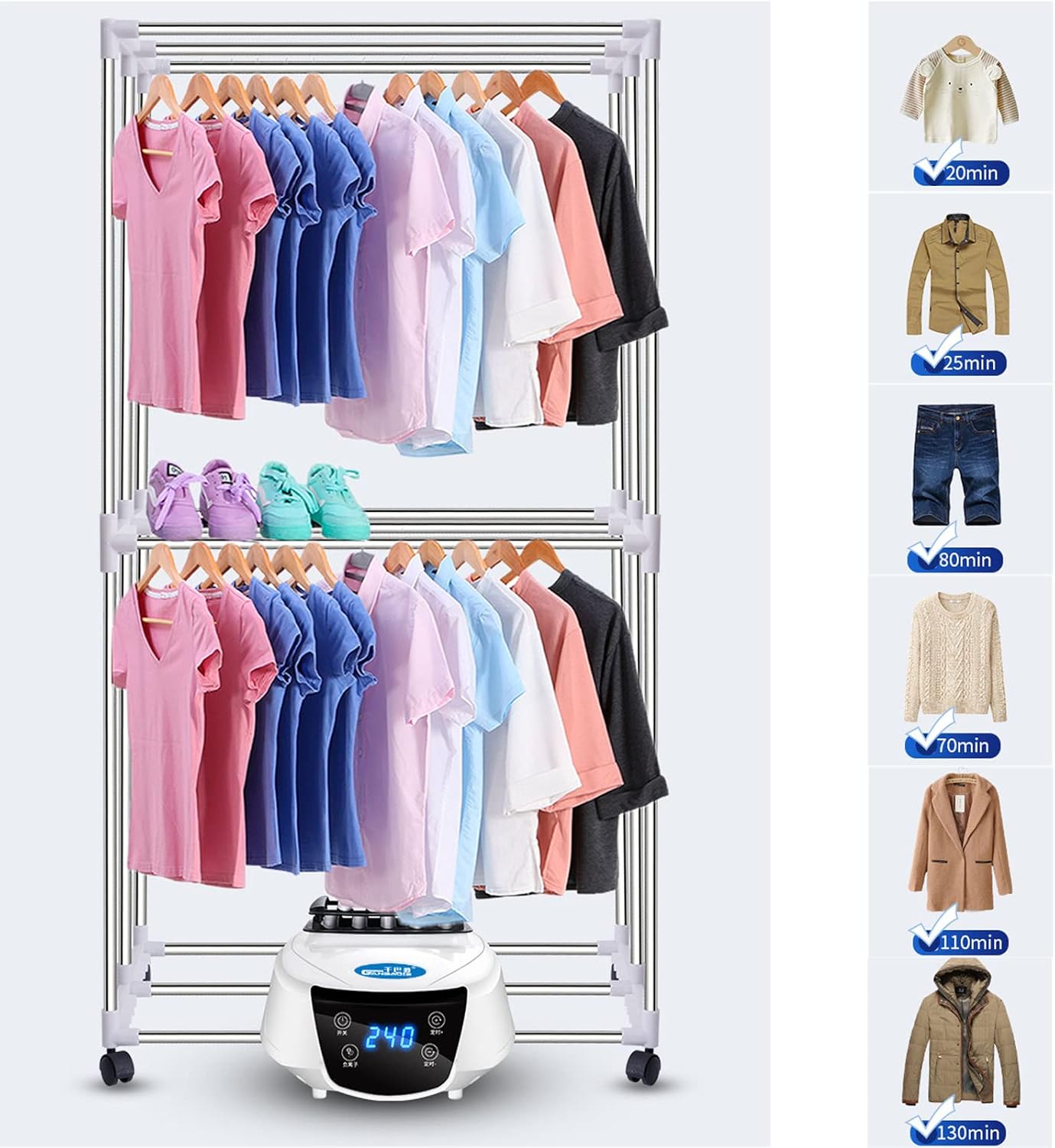 Heated Clothes Drying Rack Electric Clothes Dryer with Cover,2-Tier Stainless Steel Foldable Heated Clothes Dryer, Drying Rack with 180 Minutes Timer (Grey 150cm)