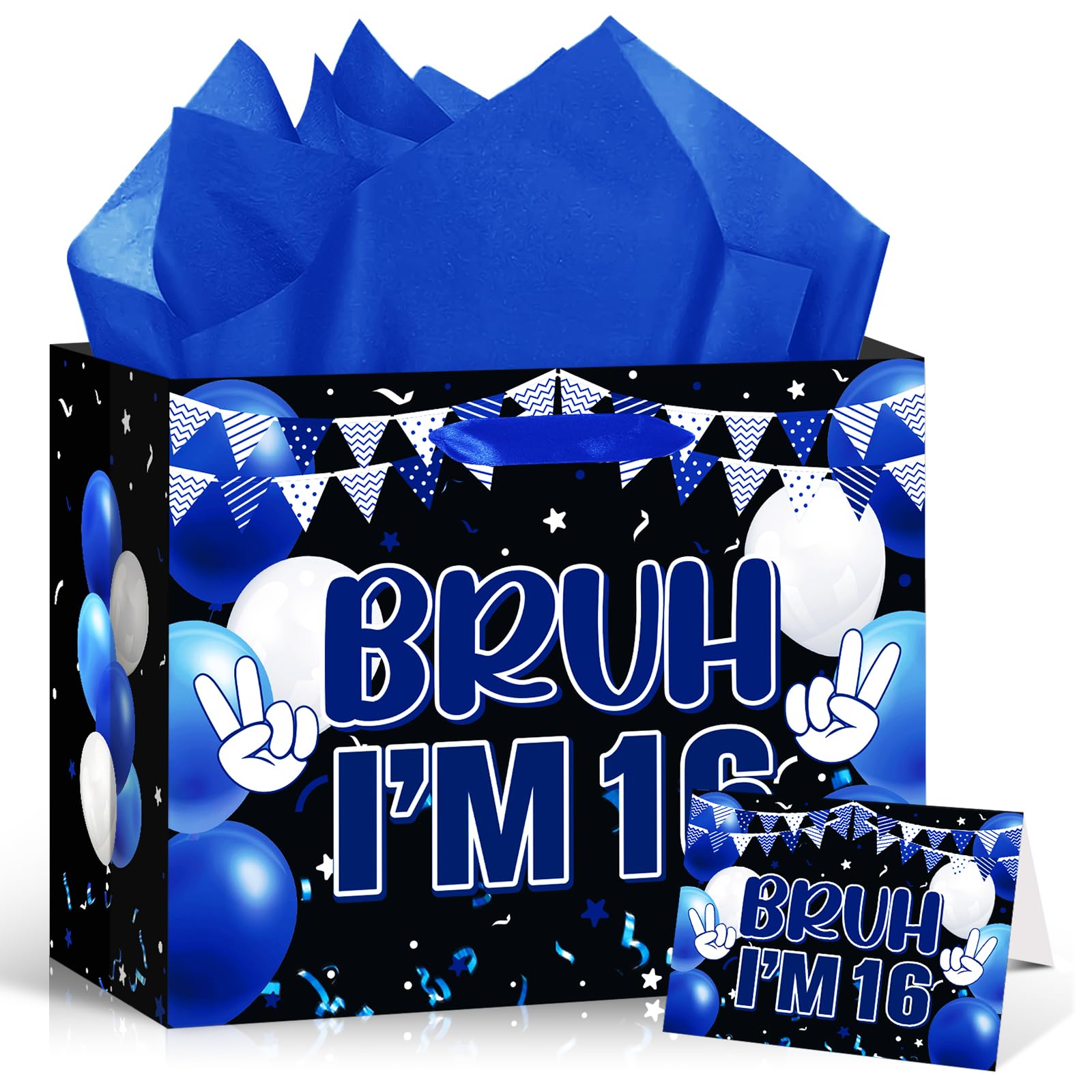 Blue Black 16th Birthday Gift Bag with Greeting Card Tissue Paper 11.8'' Bruh I'm 16 Wrap Bag for Boys 16 Year Old Birthday Anniversary Party Decorations Goodie Wrapping Bag Presents Decor Supplies — image 1