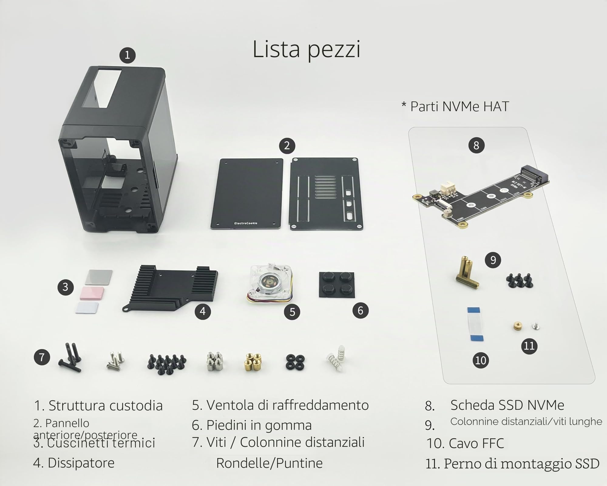 Custodia Mini PC ElectroCookie per Raspberry Pi 5 con SSD M.2 NVMe PCIe HAT e Illuminazione RGB Attiva (Custodia Nera + HAT M.2[X1001])