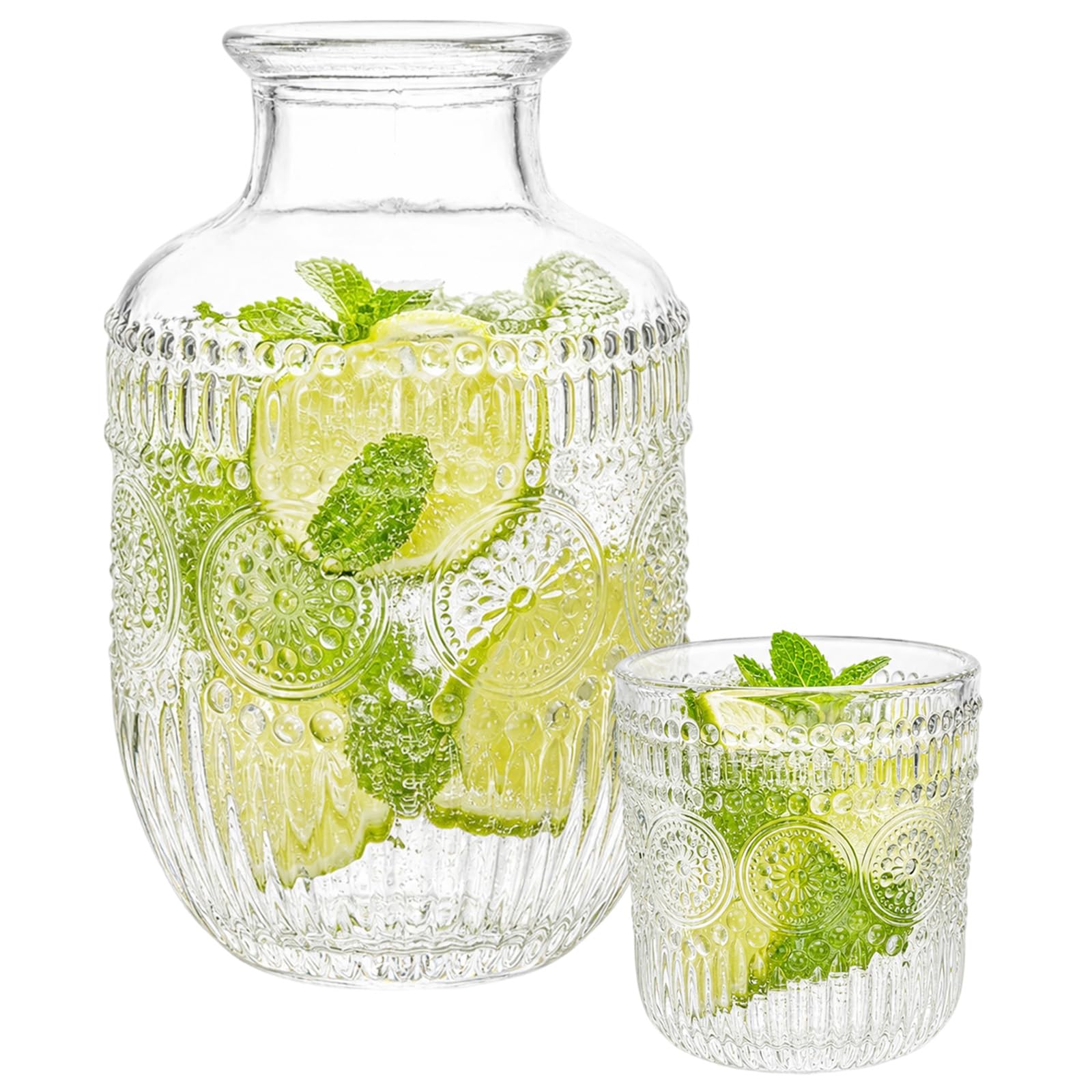 Vintage Bedside Water Carafe and Glass Set, 540ml Glass Carafe with 145ml Tumbler, Sunburst Pattern Textured Pitcher, Thickened Glasses for Bedroom Nightstand, Bathroom, Kitchen, Home Decor