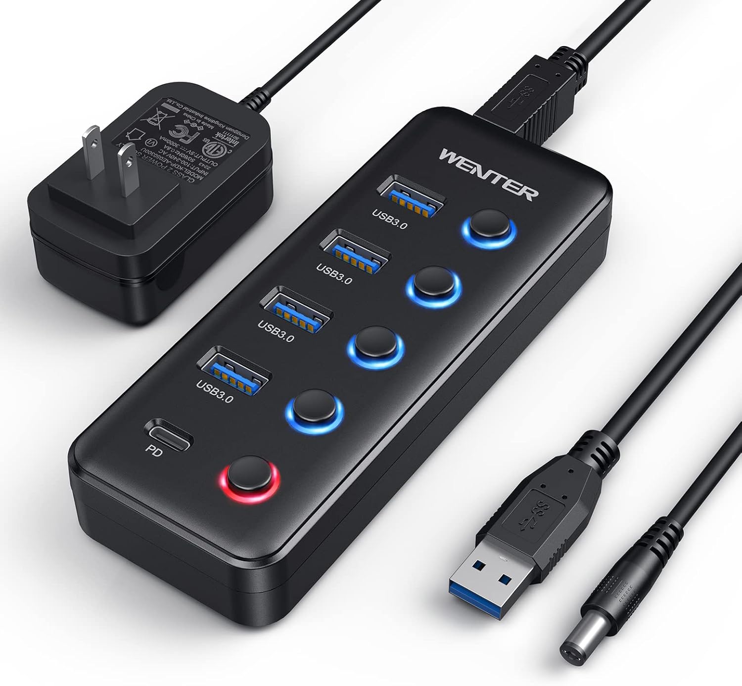 Powered USB 3.0 Hub, Wenter 5-Port USB Hub Splitter (4 Faster Data Transfer Ports+ 1 Type-C Charging Ports) with Individual LED On/Off Switches, USB Hub 3.0 Powered with Power Adapter for Mac, PC Powered USB 3.0 Hub, Wenter 5-Port USB Hub Splitter (4 Faster Data Transfer Ports+ 1 Type-C Charging Ports) with Individual LED On/Off Switches, USB Hub 3.0 Powered with Power Adapter for Mac, PC