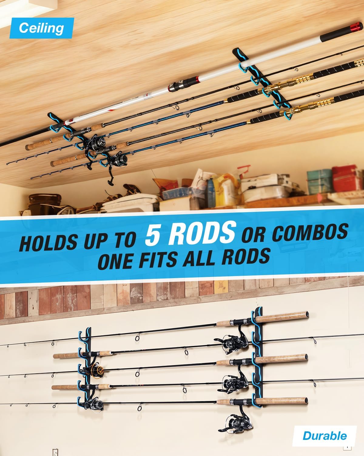 Ghosthorn Fishing Rod Holders for Garage Fishing Pole Holders Ceiling or Wall Mounted Fishing Rod Rack garage Storage Organizer Fishing Gear Equipment for Men Women (Blue, 4 Packs)