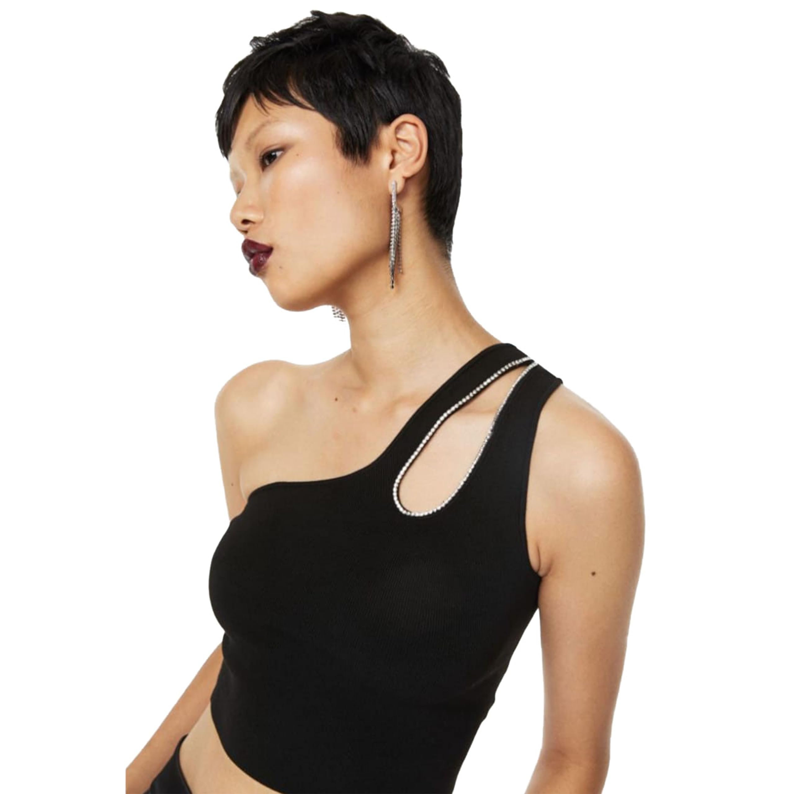 glare & blair Women One Shoulder Sleeveless Rhinestone Detailed Western Ribbed Tank Crop Top-picture-17