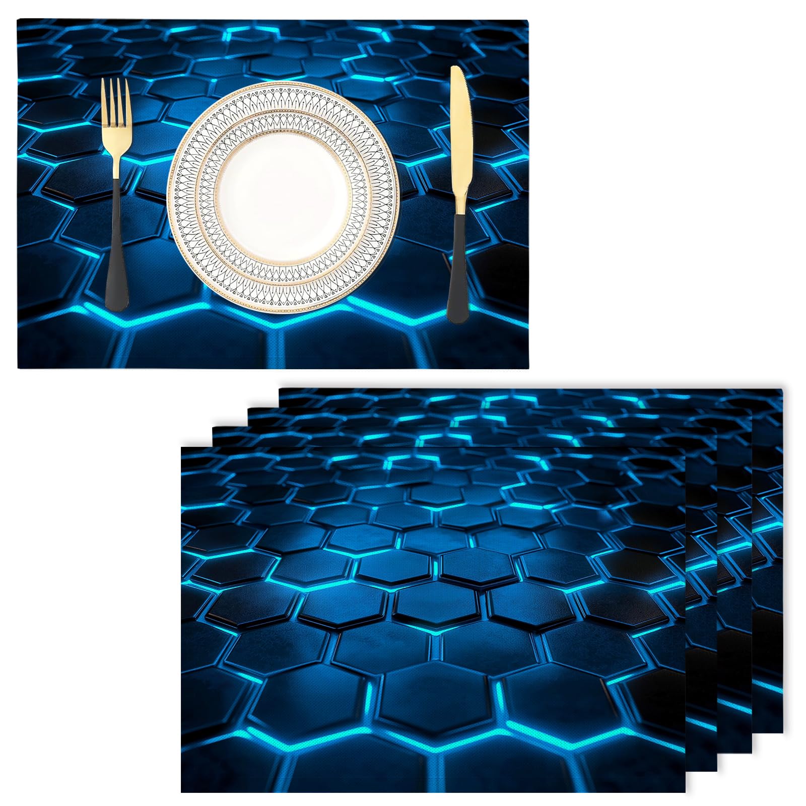 Placemats Washable Set of 4-30 x 45 cm abstract Placemats, hexagon Cotton Linen Hemstitch Place Mats for Table, Kitchen, Dining