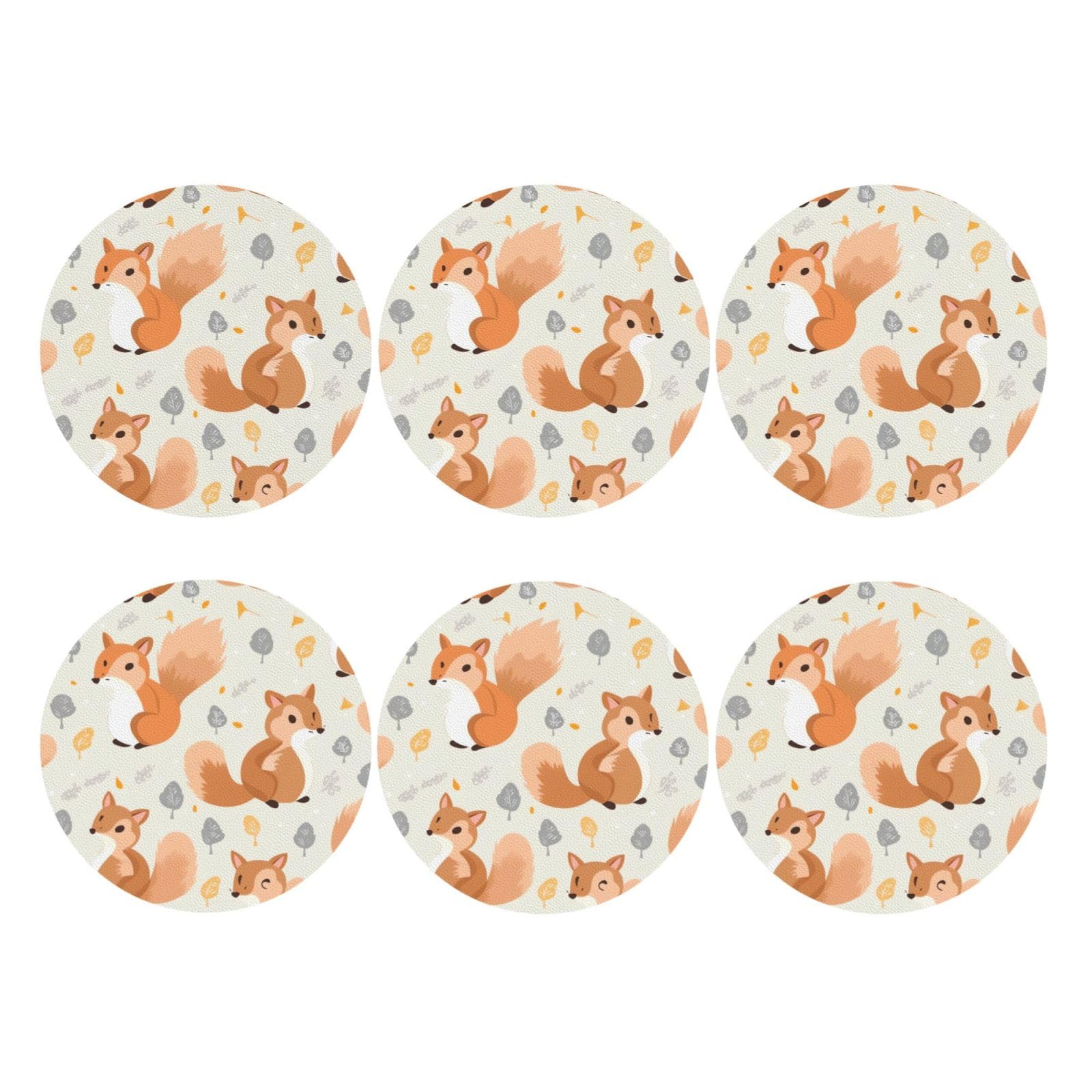 6pcs Leather Coasters for Drinks, Cute Squirrels Drink Coasters for Tabletop Protection, 4" Cup Coasters for Coffee Table Decor, Non-Slip Drinking Cup Mat for Hot Or Cold Drink