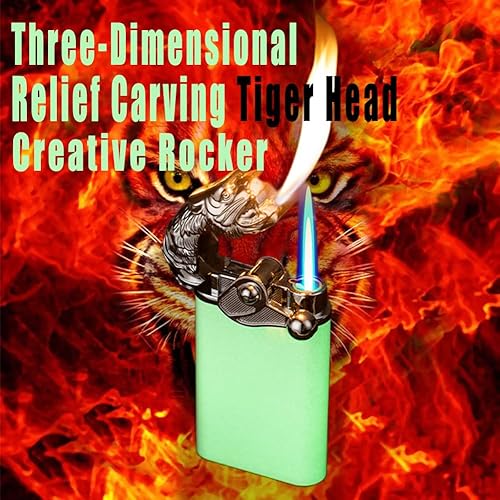 Miniatura 4 de Encendedor de doble llama, diseño de cabeza de tigre fresco, diseño creativo de balancín, doble fuego, rellenable, resistente al viento, encendedor
