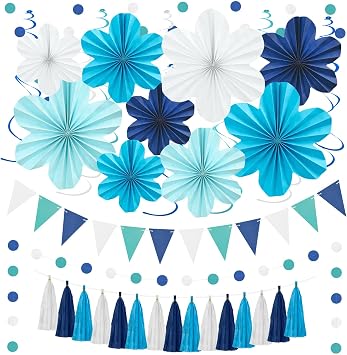 Navy Blue Birthday Graduation Party Decoration 22 Pcs Hanging Paper Flower | Tassel Garland & Swirls for Wedding Bridal Showers Baby Shower Classroom Decor Backdrop Supplies Easy to Assemble Reusable