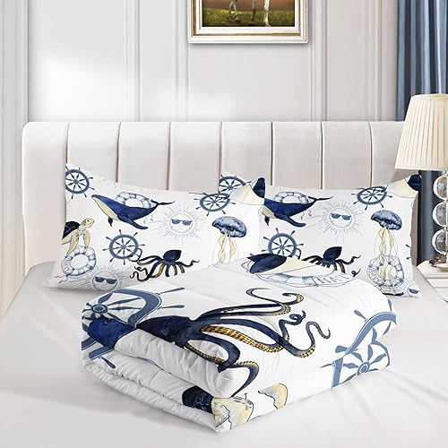 Miniatura 4 de CVHOUSE Juego de edredón costero tamaño Queen, juego de ropa de cama con temática náutica azul para niños, juego de edredón de ancla oceánica, juego