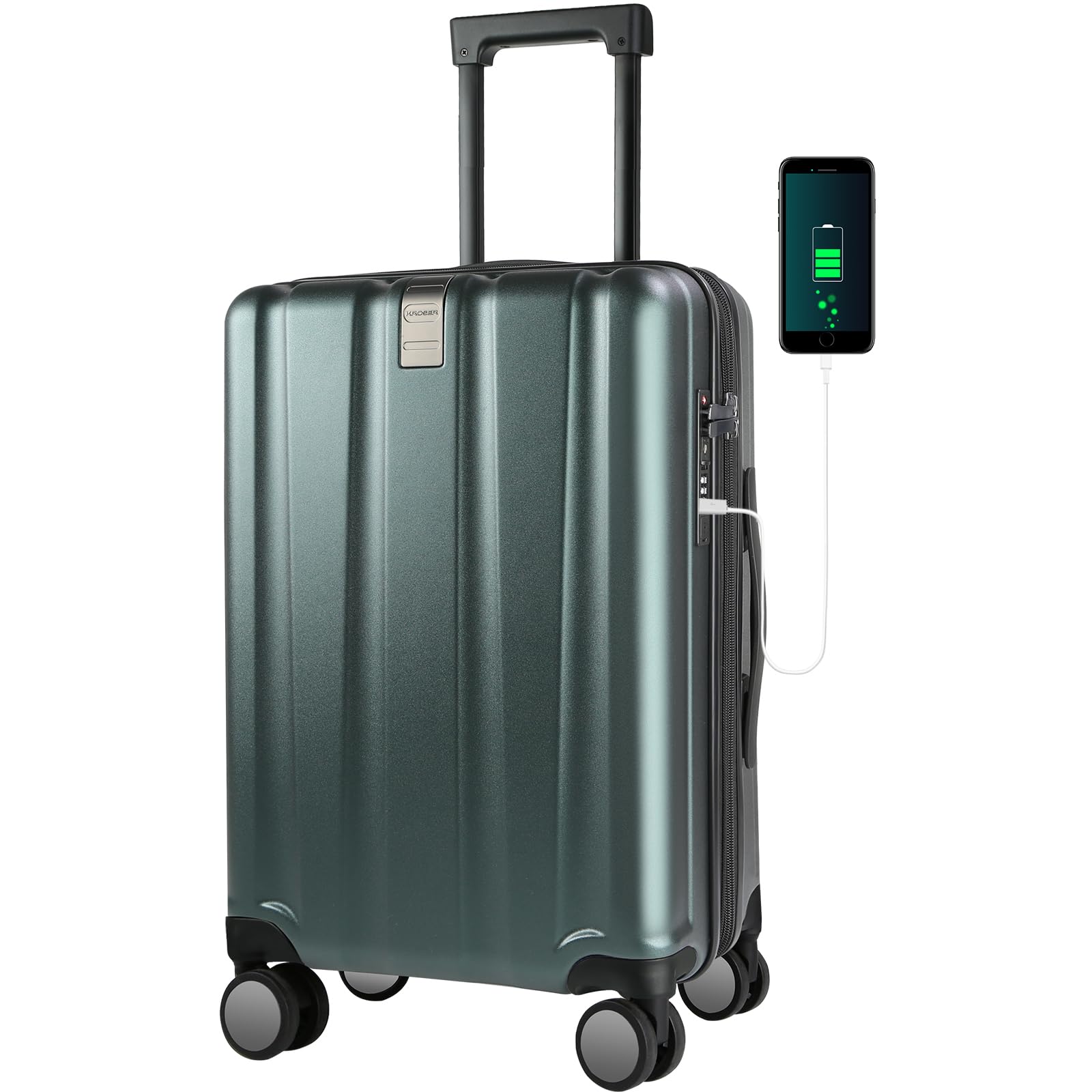 (Defective)KROSER Hardside Expandable Carry On Luggage with Spinner Wheels & Built-in TSA Lock, Durable Suitcase Rolling Luggage with USB Port, Carry-On 20-Inch, Dark Green