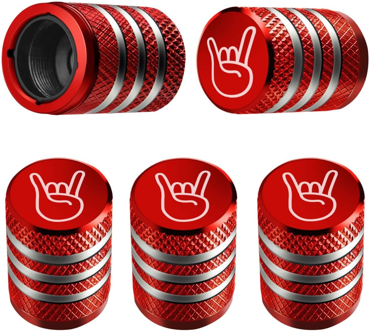 DECURCAR Tire Valve Stem Cap Cover - (5 Pack) Tire Air Cap Metal with Plastic Liner Corrosion Resistant Leak-Proof Rock and Roll for Car Truck Motorcycle Bike Red