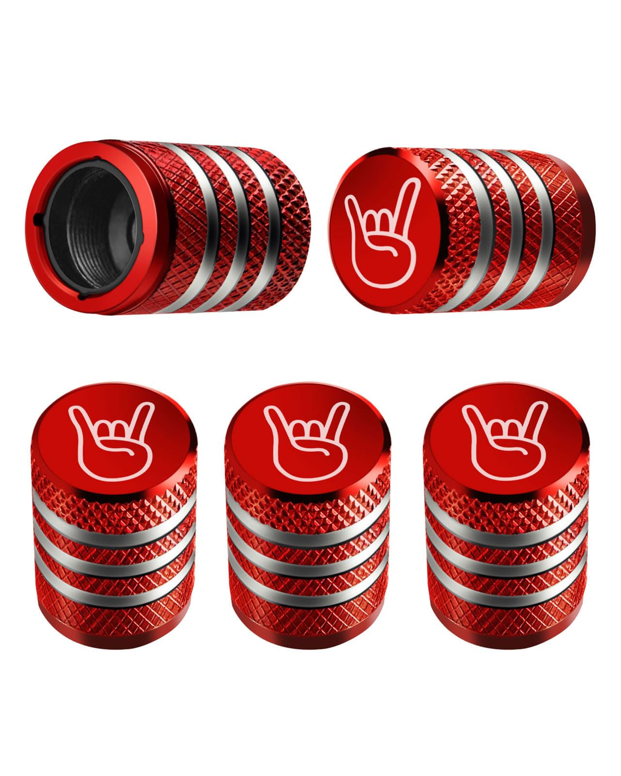 DECURCAR Tire Valve Stem Cap Cover - (5 Pack) Tire Air Cap Metal with Plastic Liner Corrosion Resistant Leak-Proof Rock and Roll for Car Truck Motorcycle Bike Red