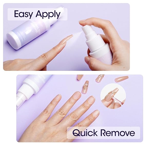 Gellen 2 Pack 60ML Solid Gel Nail Glue Remover Spray For Press-on Nails, Nail-friendly Glue-off Remover for Artificial False Acrylic Nails, Acetone Free Nail Glue Debonder with Stick