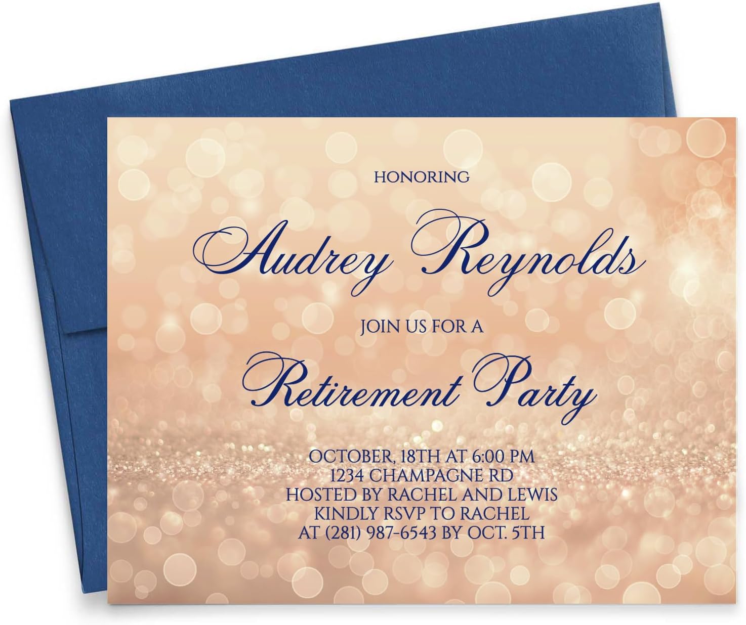 Modern Pink Paper Elegant Retirement Dinner Invitation, Champagne Gold Glitter Retirement Party Invites, Your choice of Quantity and Envelope Color