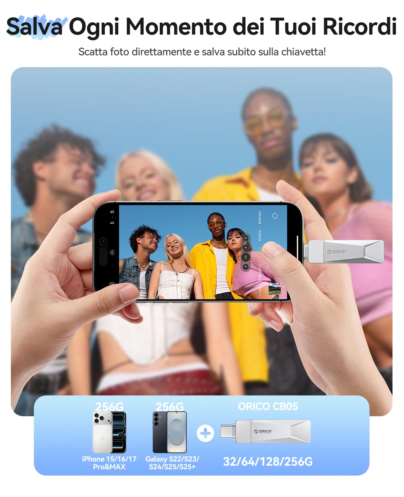 ORICO Chiavetta USB 256 GB USB 3.2 Memory Stick OTG fino a 150 MB/s 2 in 1 Tipo C Flash Drive in metallo per iPhone 17/16/15/Smartphone Android/Tablet/Mac/Laptop/PC, Argento, CB05