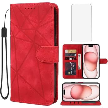 Case for iPhone 15 Case 6.1 Inch Apple 15 Protective Case with Screen Protector PU Leather Wallet Flip Folio 3 Card Holder Stand Function Mobile Phone Case for iPhone 15 Red