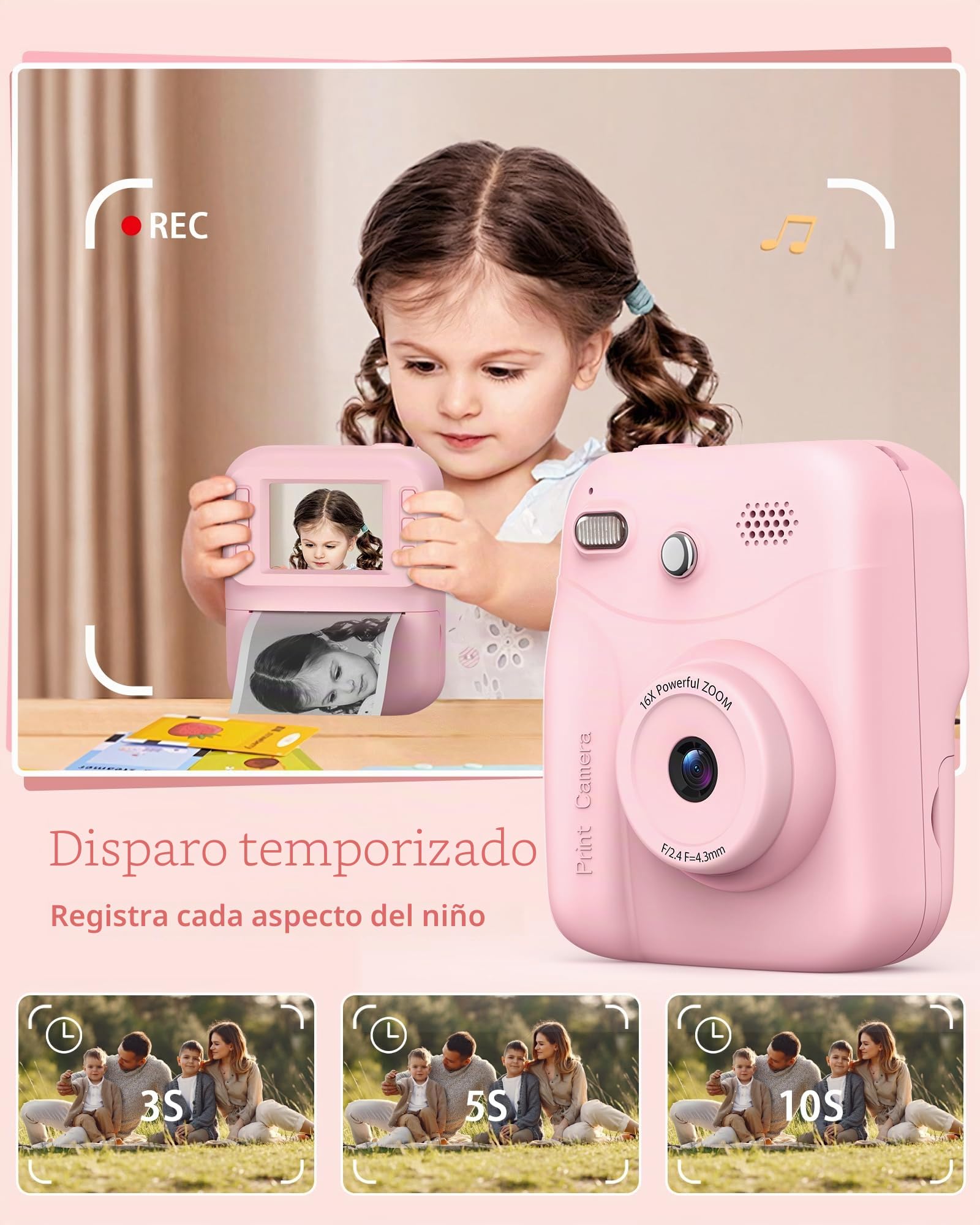 Camara de Fotos Instantaneas, Pantalla HD de 2.4 Pulgadas, Resolución de 48 MP, Vídeo HD 1080p, Incluye 32 GB Tarjeta y 3 Rollos de Papel Fotográfico, Ideal para Niños de 3 a 12 Años (Rosa)